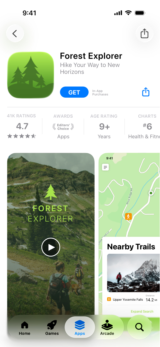iPhone上のApp Storeプロダクトページで、ハイキングコースを紹介しているForest Explorerアプリの画面