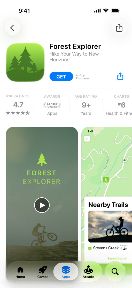 iPhone上のApp Storeプロダクトページで、自転車ルートを紹介しているForest Explorerアプリの画面