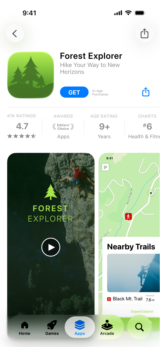 iPhone上のApp Storeプロダクトページで、ロッククライミングについて取り上げているForest Explorerアプリの画面