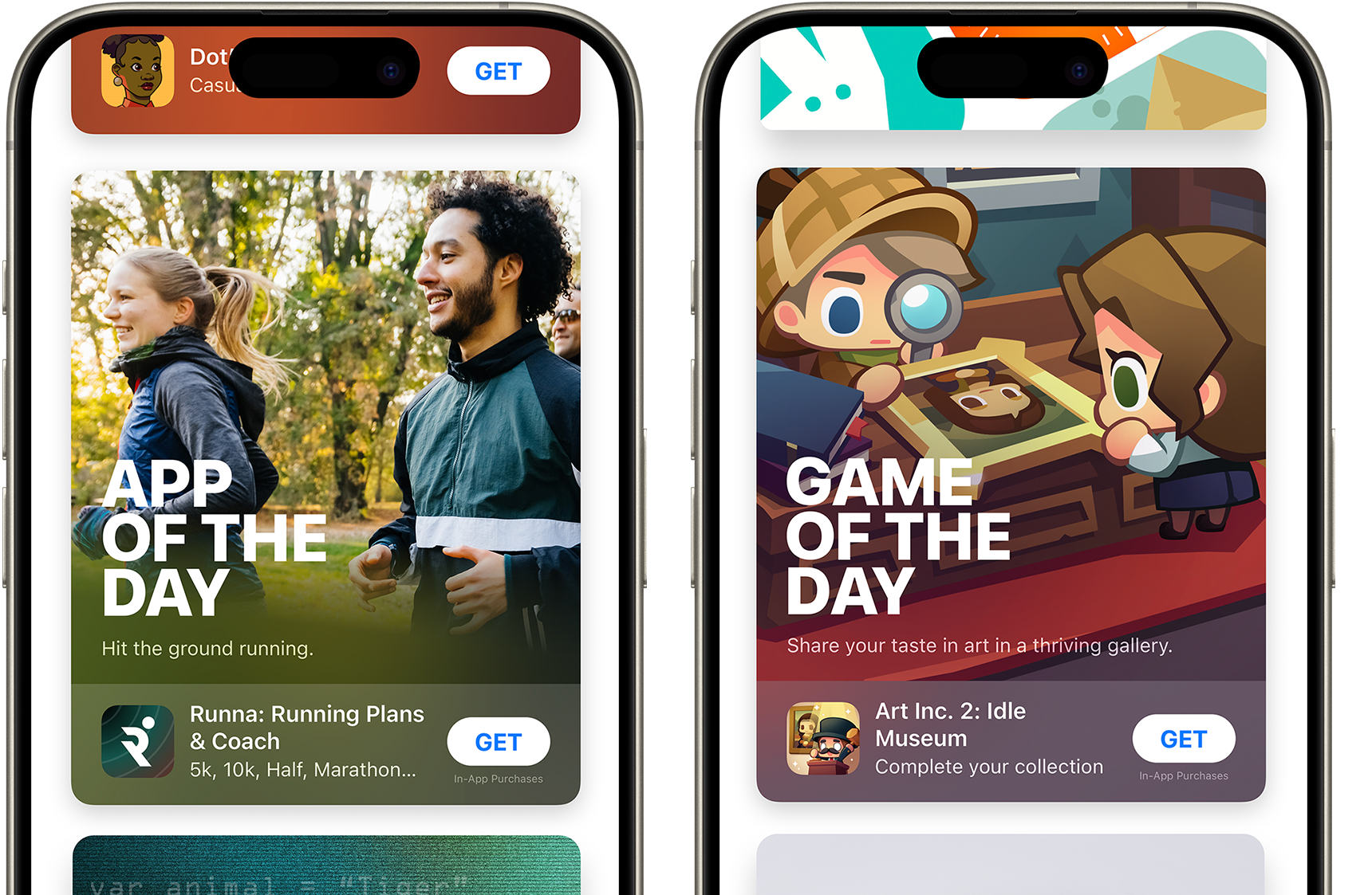 2台のiPhone。1台にはApp Storeの「今日のアプリ」が表示されており、もう1台には「今日のゲーム」が表示されている。