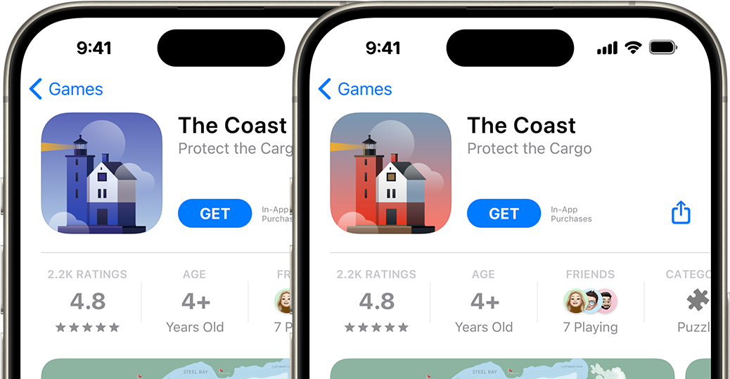 iPhone 并排比较 The Coast app 产品页面的不同版本。