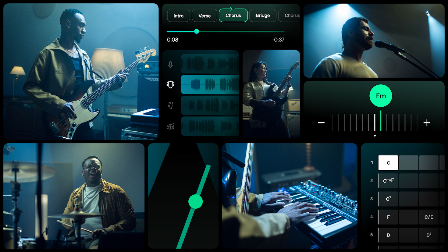 A collage of images about the app Moises, showing musicians performing in a studio, screenshots from the app that shows how it splits songs into different parts, and close-up photos of instruments.