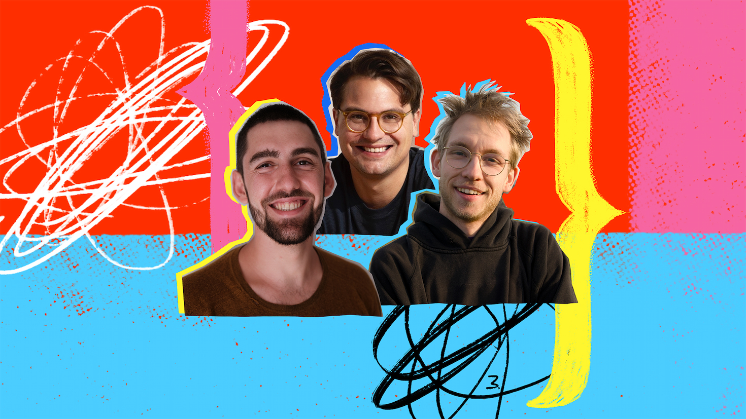 A photo illustration of three developers, set against an abstract background that includes a red area, a blue area, scribbled-pencil accents, and a large yellow bracket.