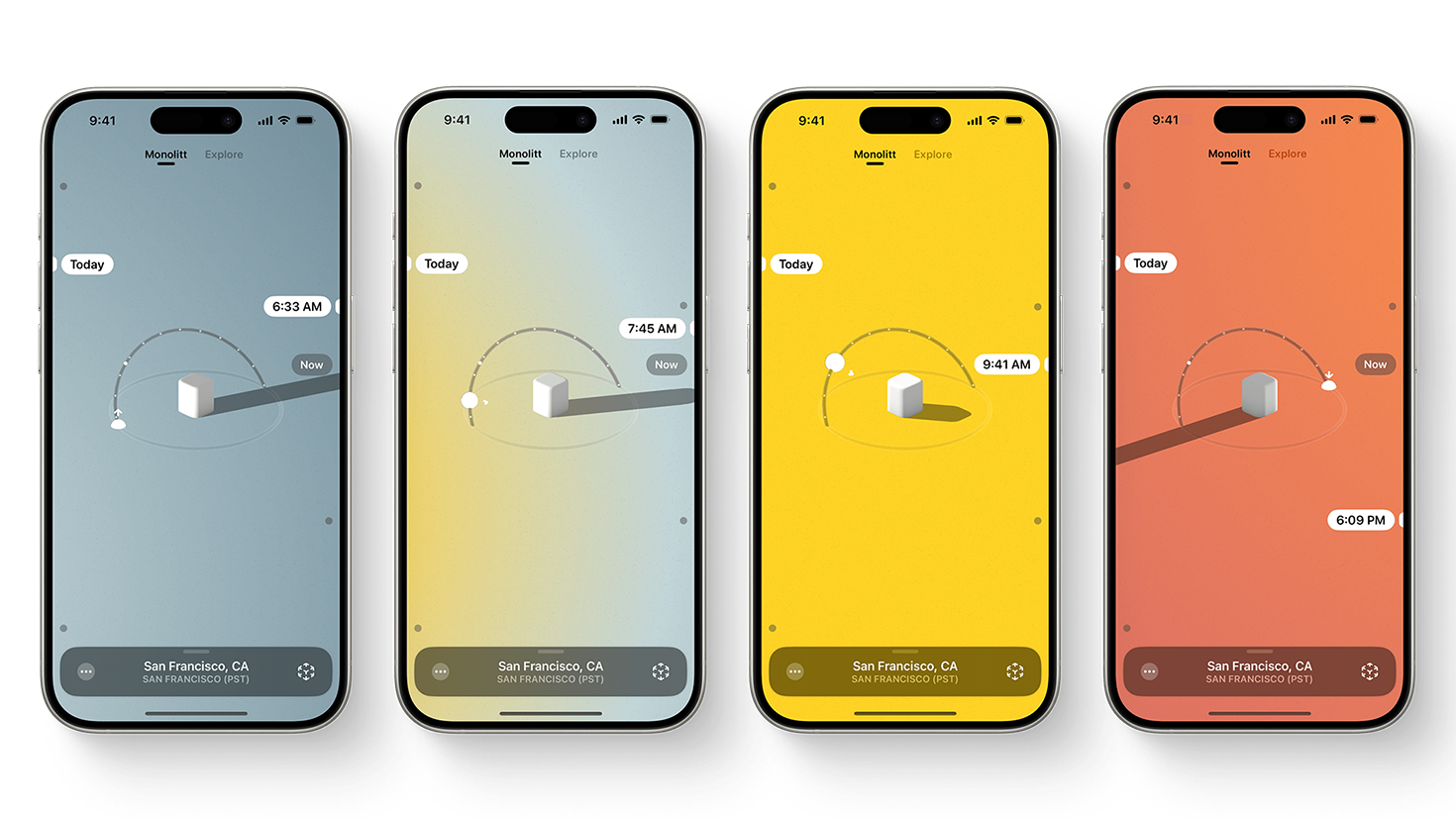 由“Sunlitt”App 的 iPhone 截屏组成的拼贴图,显示了一个人的位置 (由白色小立方体表示) 及其上方太阳的方位。每个截屏都有不同的背景颜色:蓝色、浅绿色、黄色和红色/橙色。