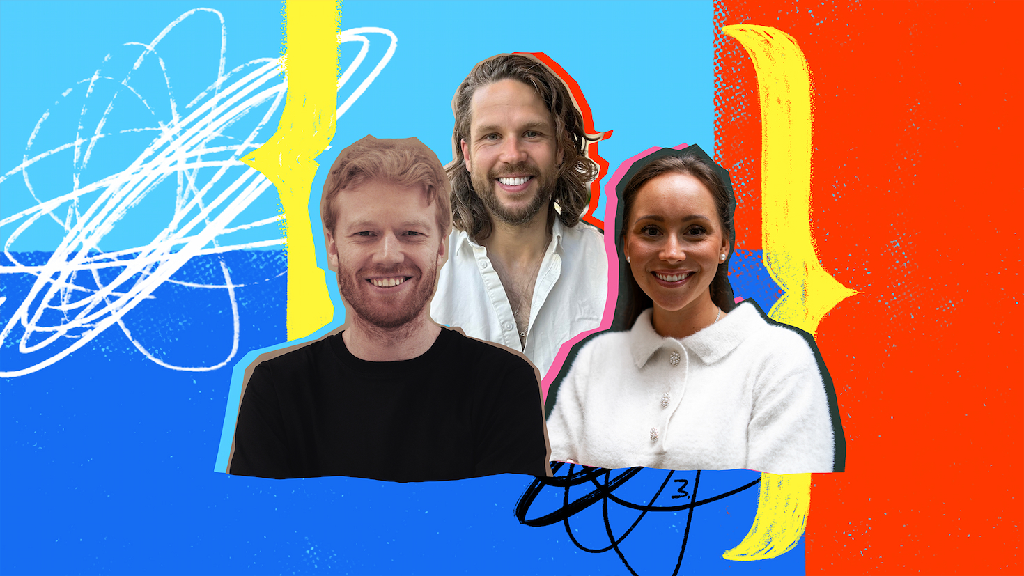 A photo illustration of three developers, set against an abstract background that includes a red area, a blue area, scribbled-pencil accents, and a large yellow bracket.