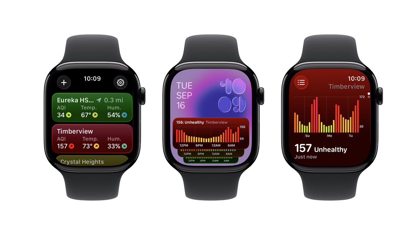 A collage showing three screens from the air-quality app Paku, each on an Apple Watch.