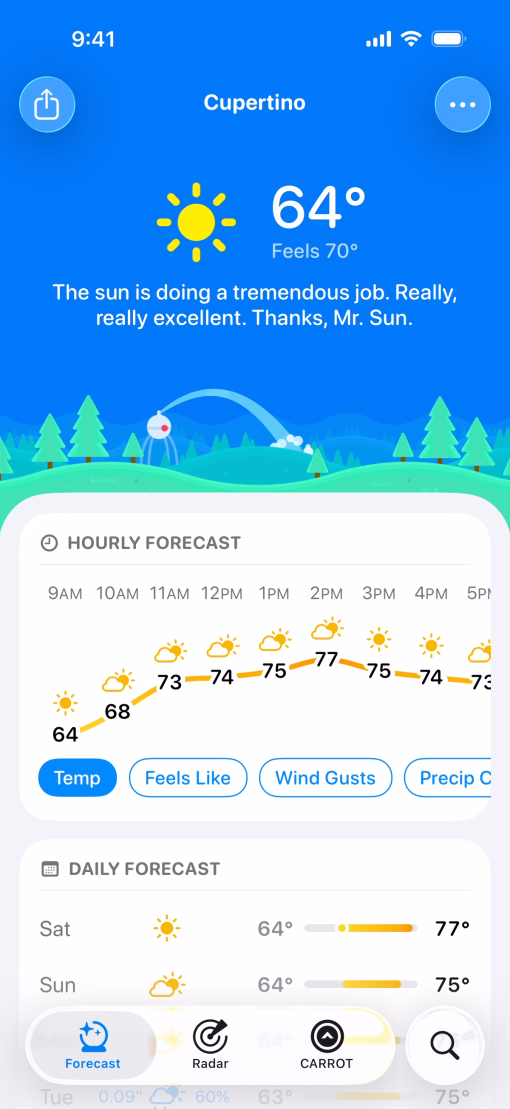 CARROT Weather app with Liquid Glass design