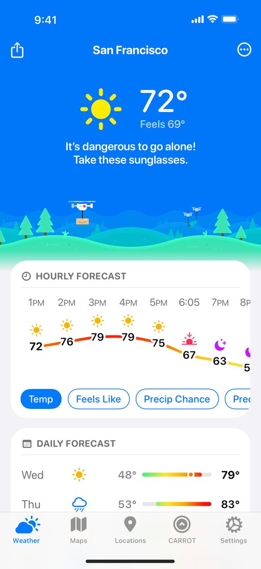 CARROT Weather app interface before redesign