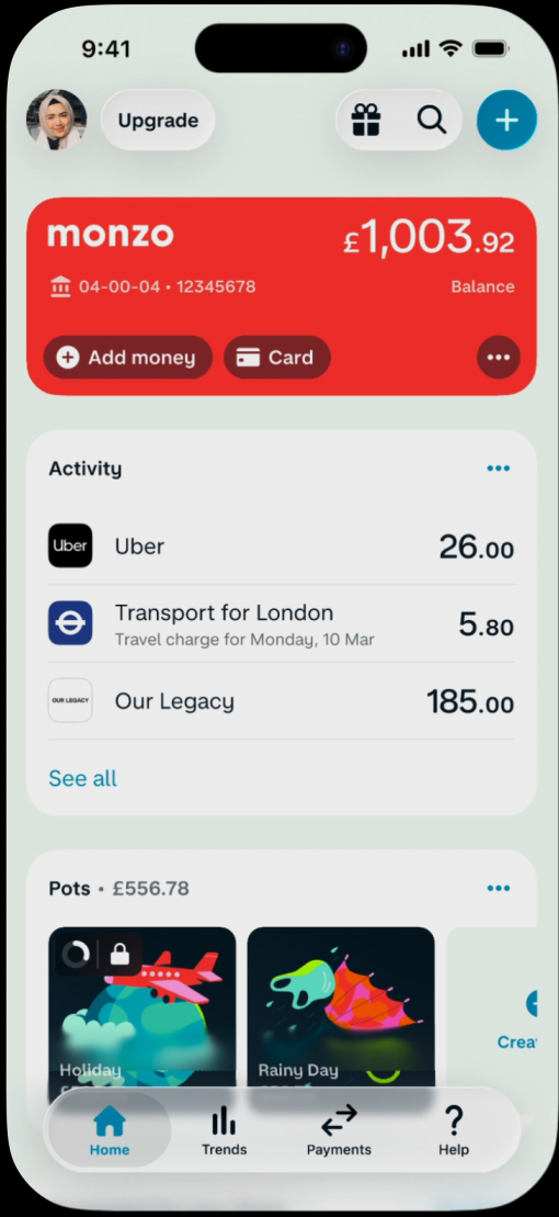 Monzo app with Liquid Glass design