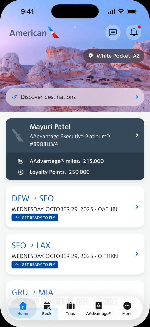 Liquid Glass 디자인이 적용된 American Airlines 앱