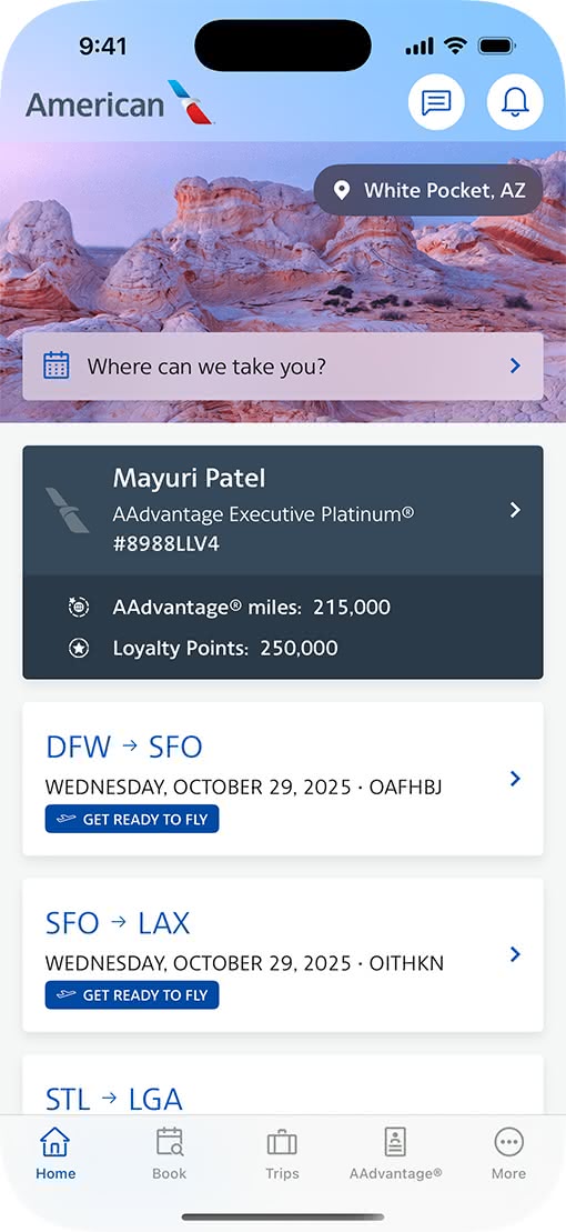 새로운 디자인 적용 전 American Airlines 앱 인터페이스