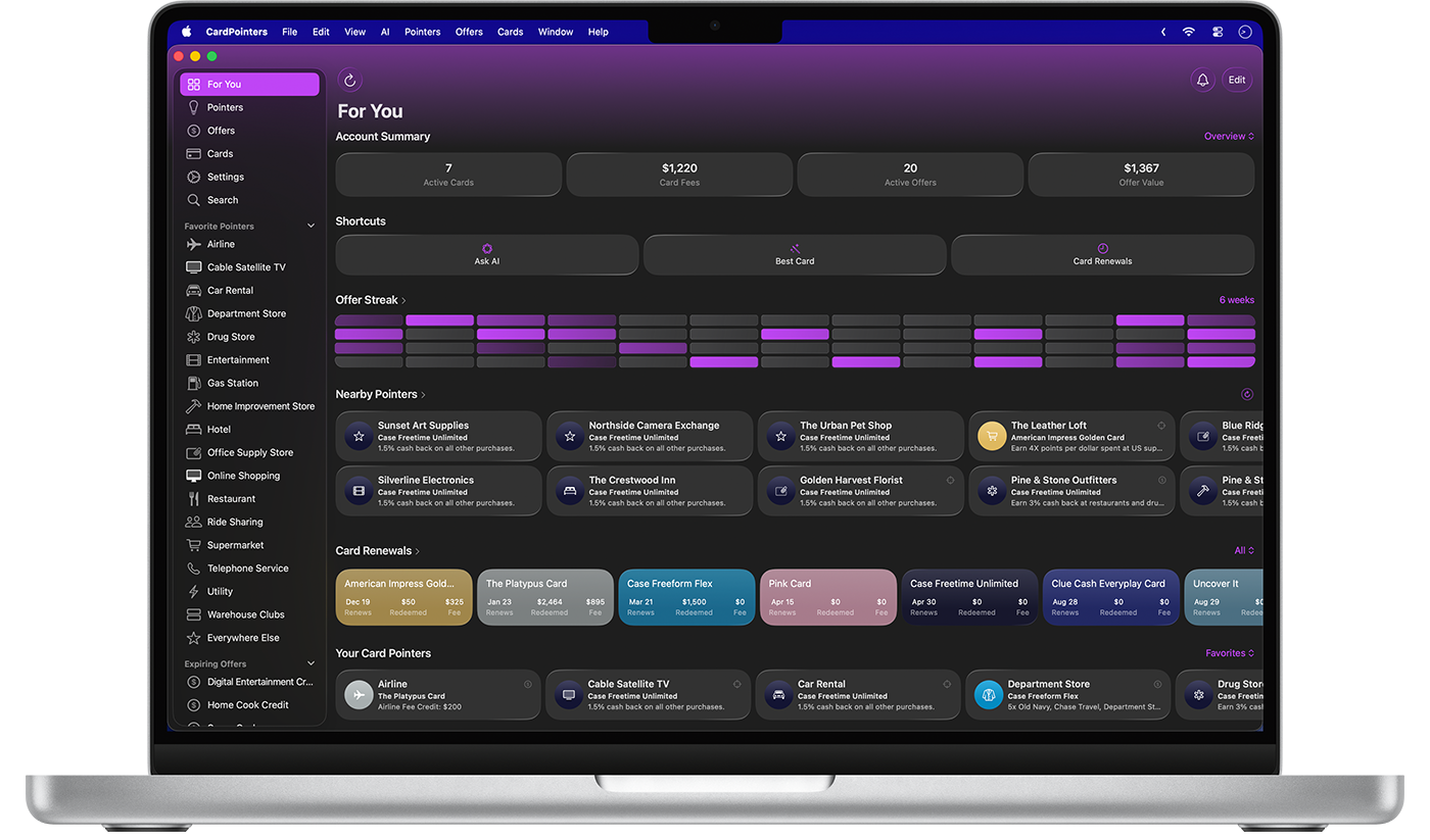 카드 보상을 보여 주는 Mac의 CardPointers 인터페이스