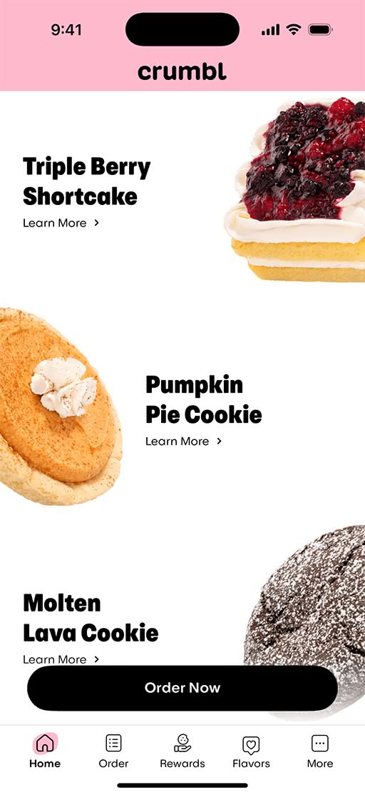 새로운 디자인 적용 전 Crumbl 앱 인터페이스