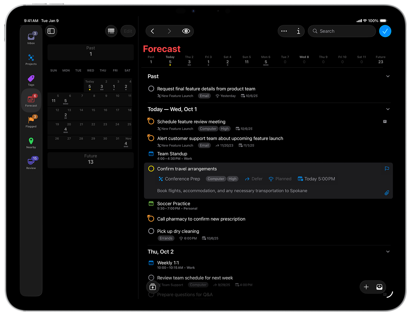 iPad의 OmniFocus 4 인터페이스