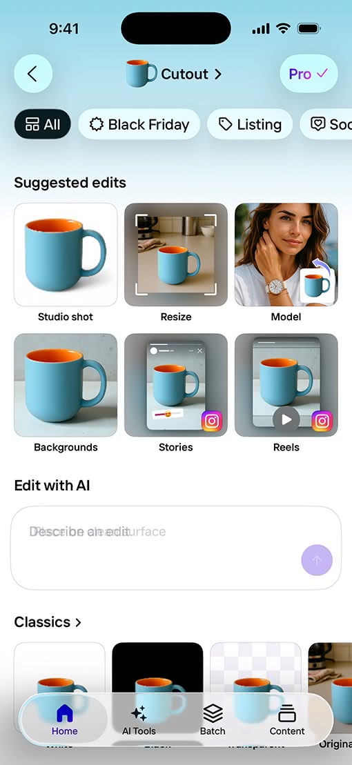 Liquid Glass 편집 도구가 적용된 Photoroom 앱