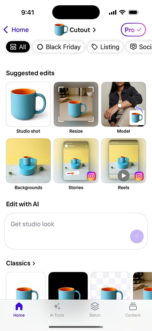 새로운 디자인 적용 전 Photoroom 앱 인터페이스