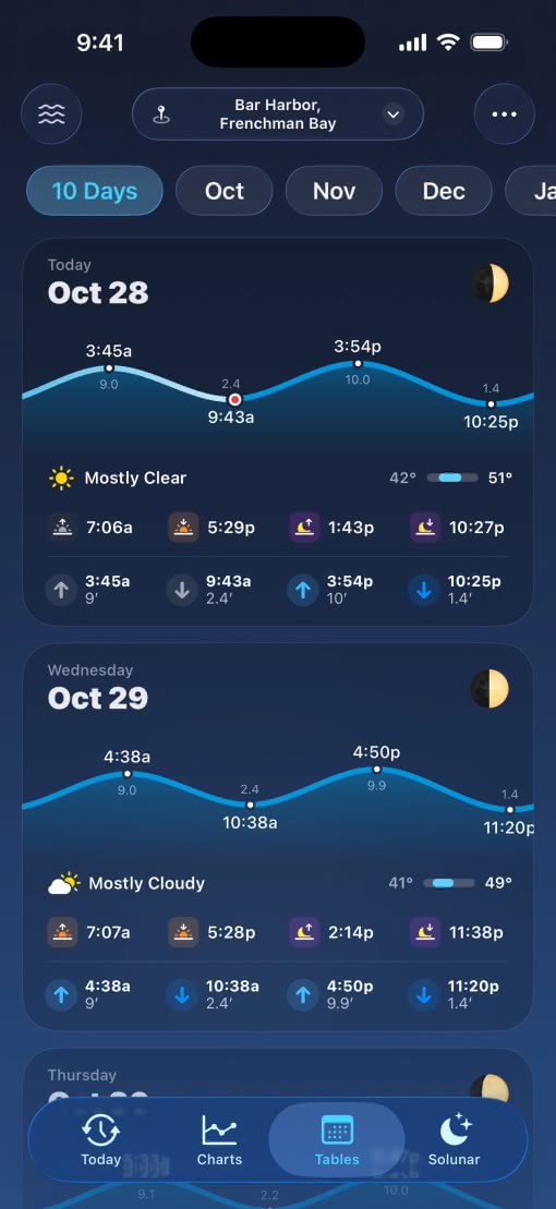 Liquid Glass 인터페이스가 적용된 Tide Guide 앱