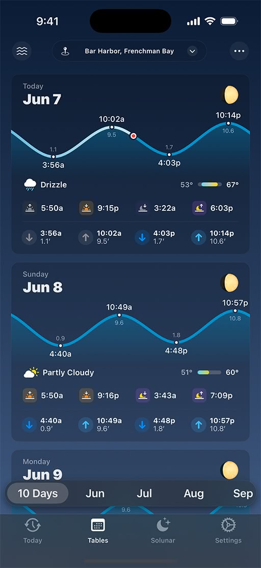 새로운 디자인 적용 전 Tide Guide 앱 인터페이스