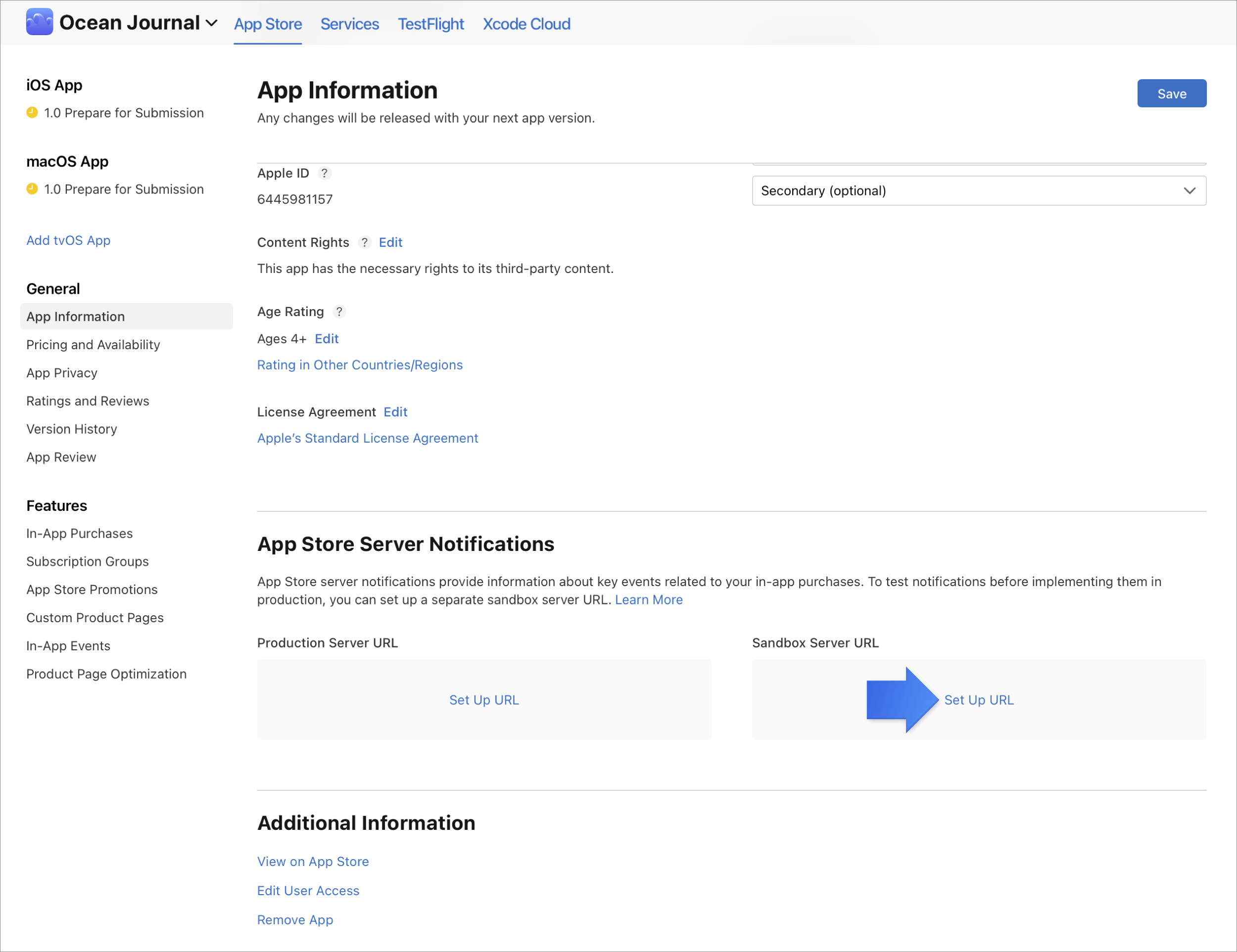 截屏为“App 信息”页面,其中“App Store 服务器通知”部分有一个箭头,指向“设置 URL”链接,可用于设置沙盒环境服务器 URL。