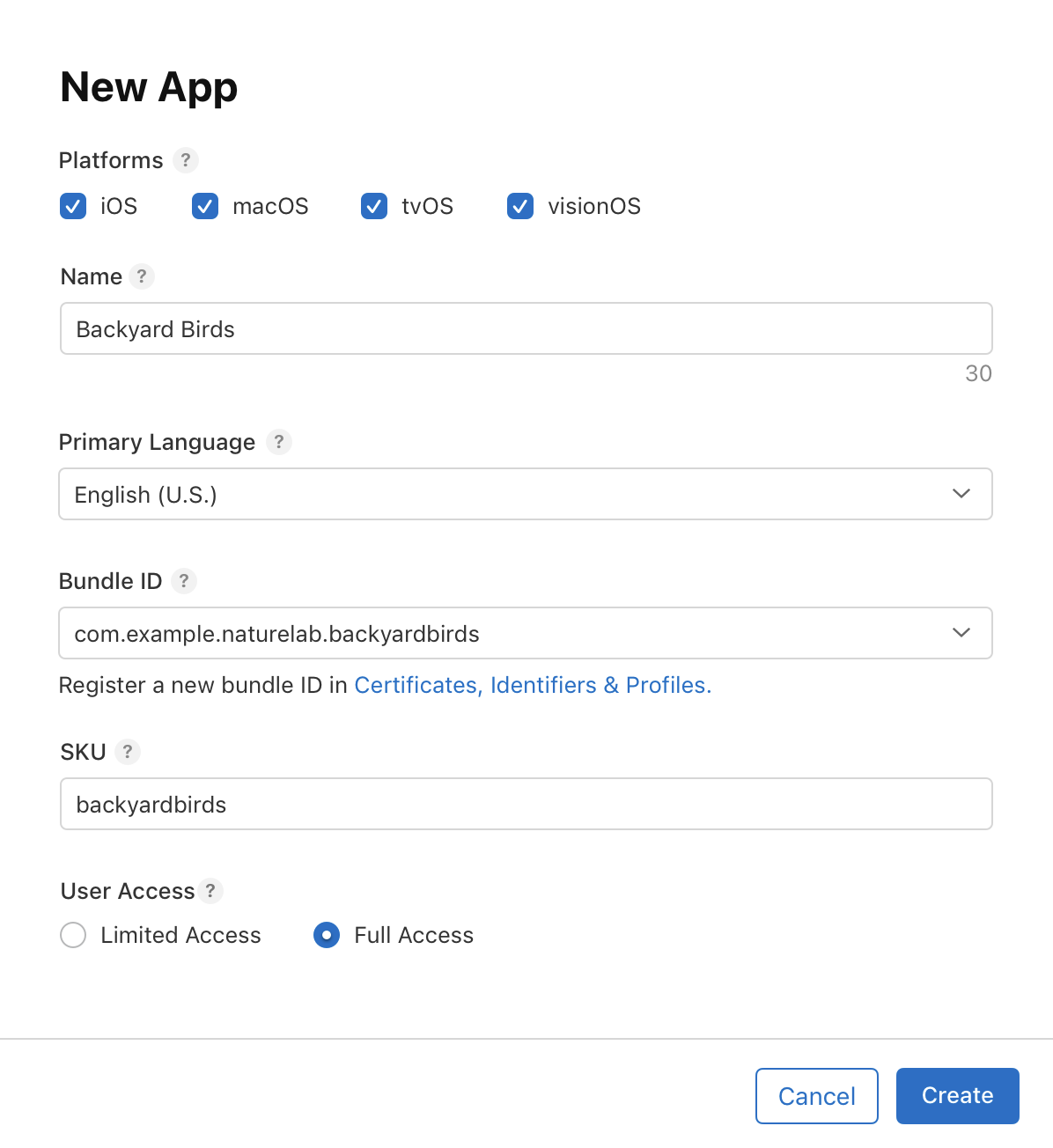 截屏为 App Store Connect 上的“新建 App”对话框。在“平台”选项中，你可以勾选 iOS、macOS、Apple tvOS 和 visionOS。对话框中还需填写 App 名称、App 的主要语言、套装 ID 和 SKU。在“用户访问权限”下方，可选择“有限访问权限”或“完全访问权限”。对话框的底部为“取消”和“创建”按钮。