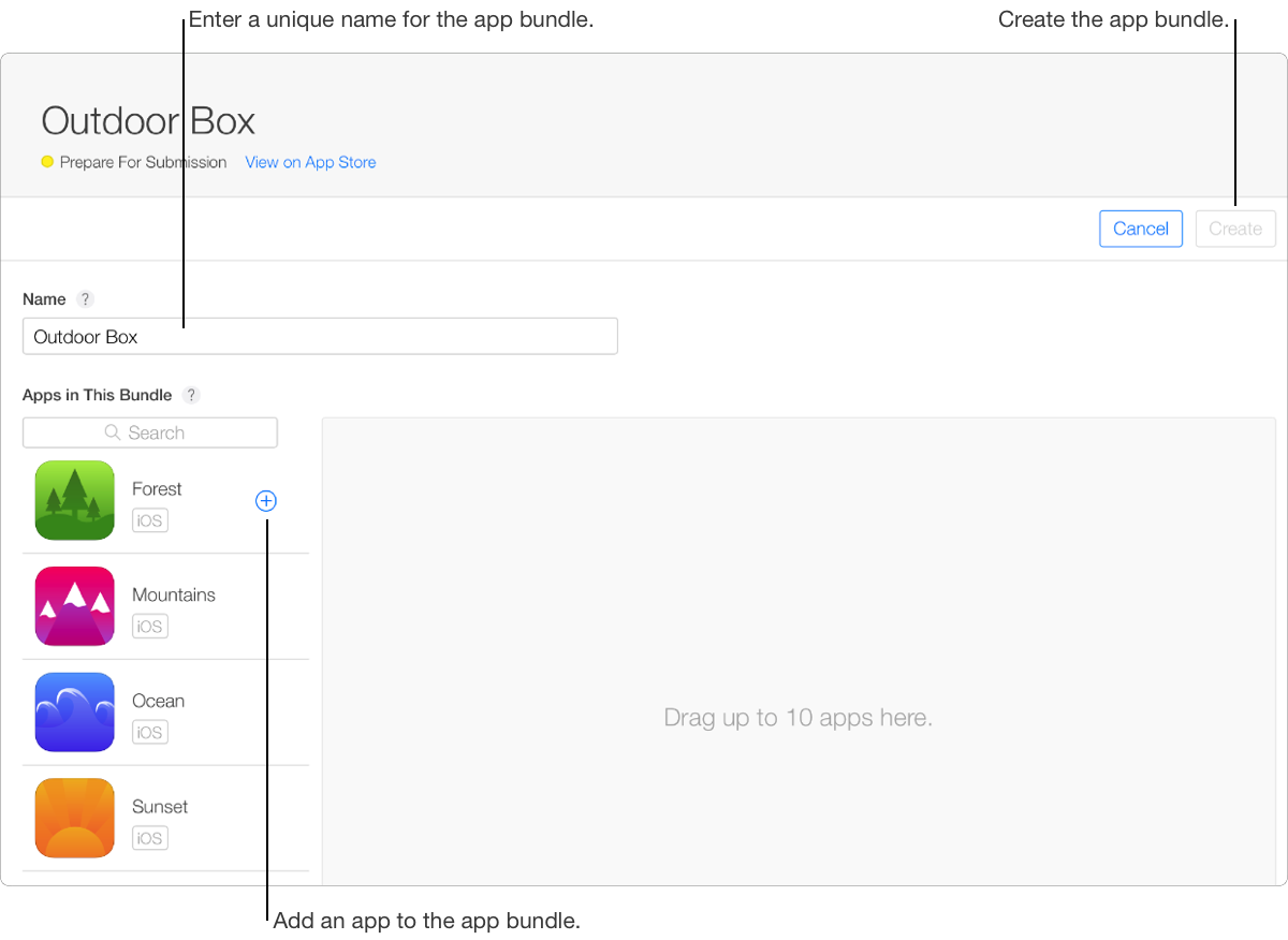 截屏显示了新建 App 套装的详情页，可在此输入 App 套装名称，还可搜索要添加进套装的 App。左侧列出了账户中的所有 App，你可以拖拽最多 10 个 App 到右侧的框内进行添加。