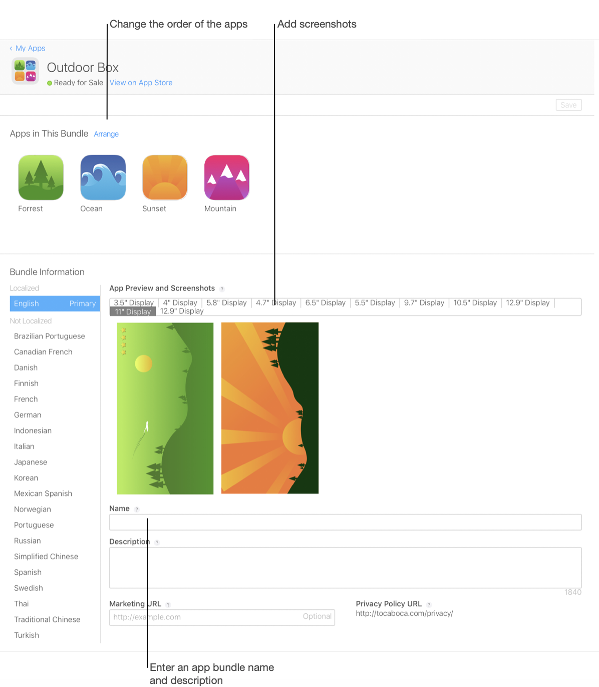 截屏显示了一个 App 套装的详情页，其中“此套装中的 App”部分列出了该套装中的 App。点按“排列”，即可调整 App 的排列顺序。在“套装信息”部分，你可以通过拖放来添加不同显示设备的截屏，还可以输入 App 套装名称、描述和营销网址（URL）。