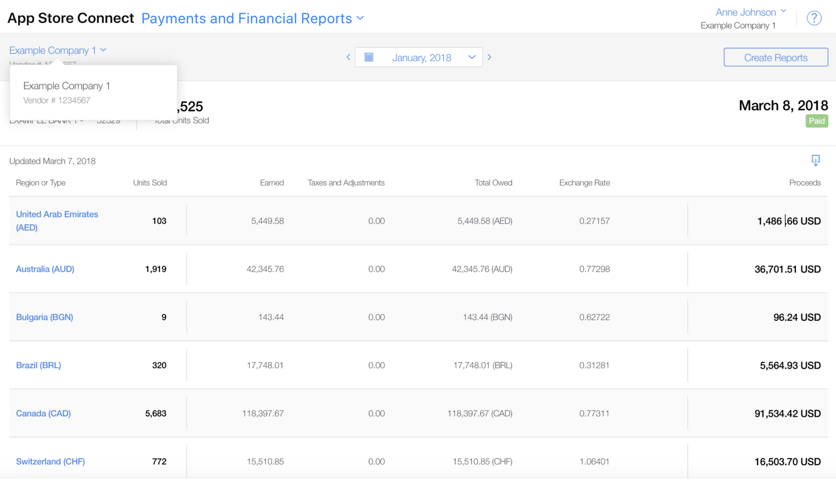 Screenshot of the Payments and Financial Reports page, with the 'Example Company 1' dropdown menu open at the top left, revealing 'Example Company 1' and 'Vendor # 1234567'.