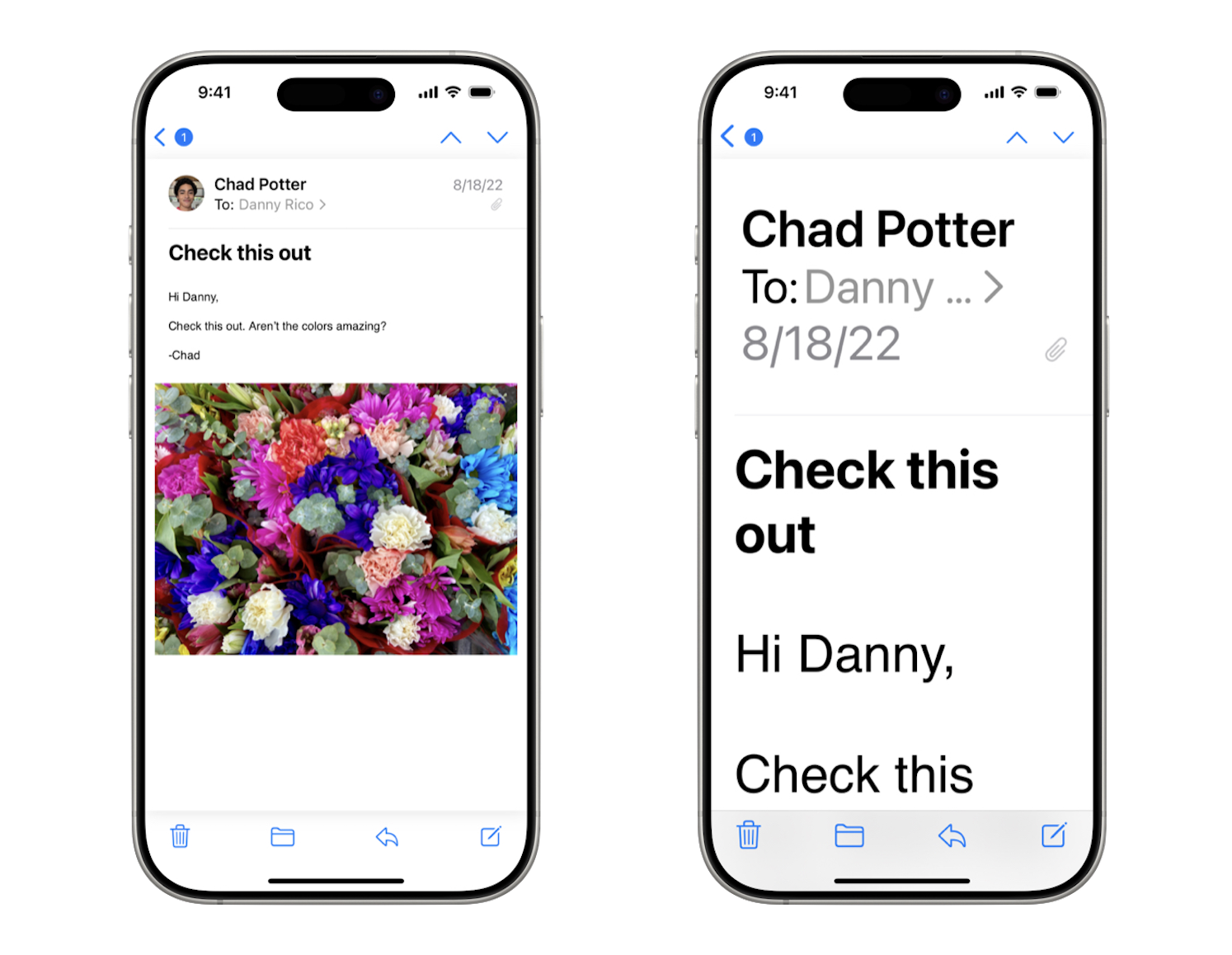 配图为“邮件”App 的界面，展现了同一封电子邮件采用较小和较大字体时的显示效果。采用较大字体的配图中，多个界面元素被重新排列，为大号字体留出了更多显示空间。