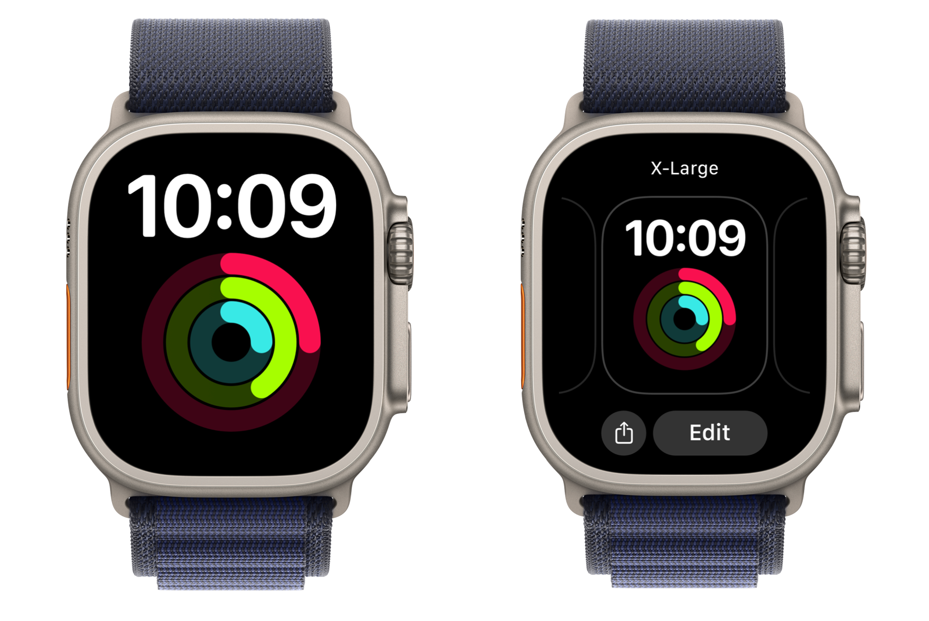 配图为 Apple Watch Ultra 的大文字表盘，显示了一个大型的复杂功能。低视力用户可以添加多个大文字表盘，通过滑动屏幕浏览不同信息。