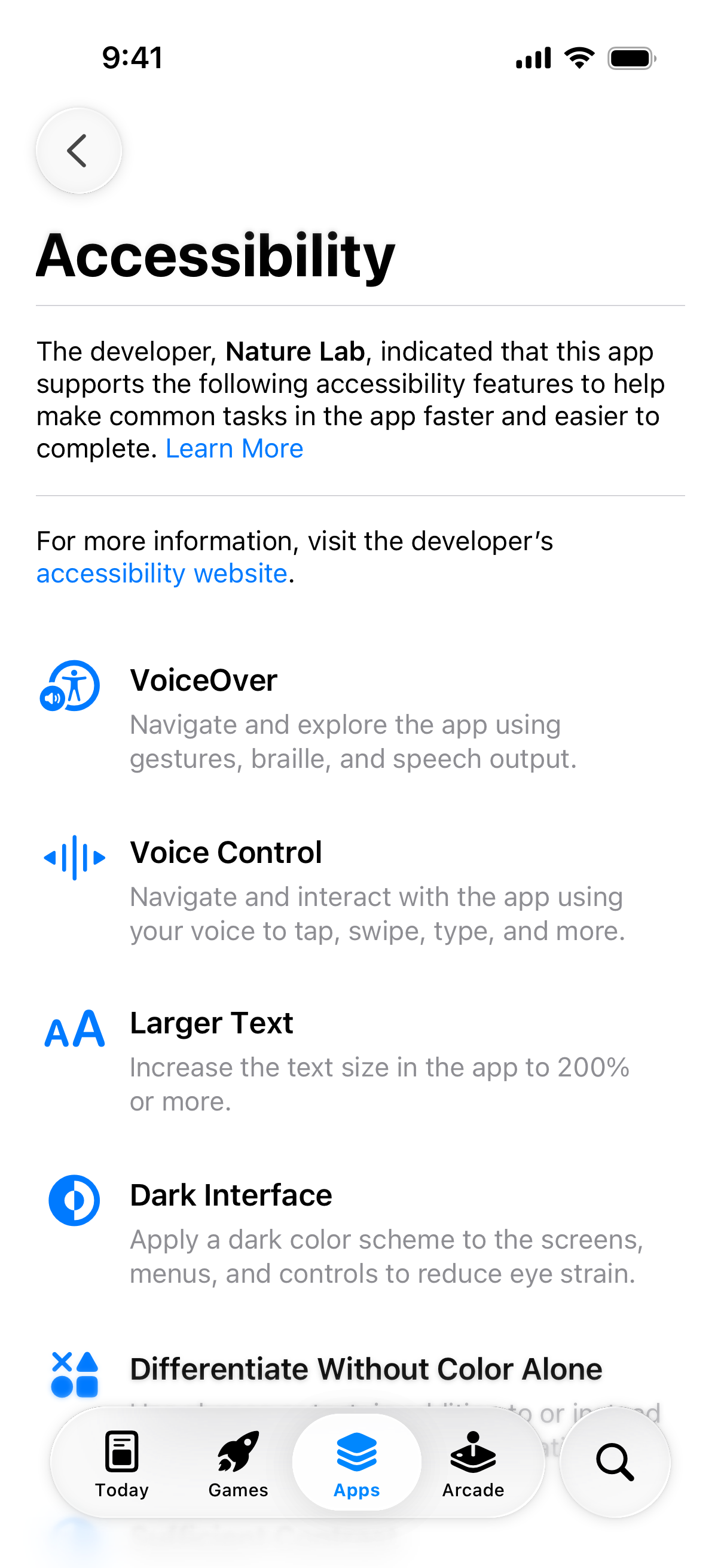 App Store 앱 세부 사항 페이지의 “손쉬운 사용” 세부 사항 페이지에서 지원되는 손쉬운 사용 기능이 나열된 모습을 보여주는 스크린샷입니다.