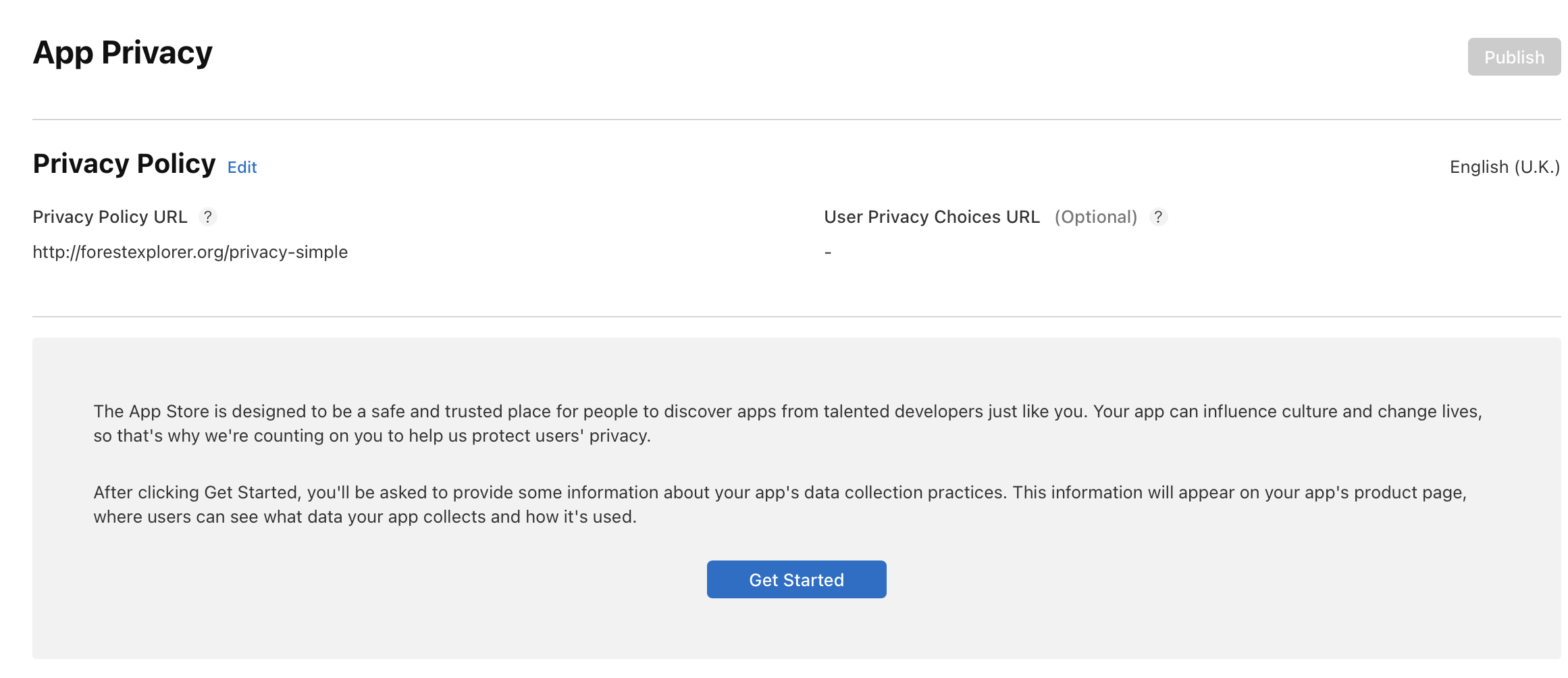截屏显示了“App 隐私”页面，其中“隐私政策”部分有一个“开始”按钮。