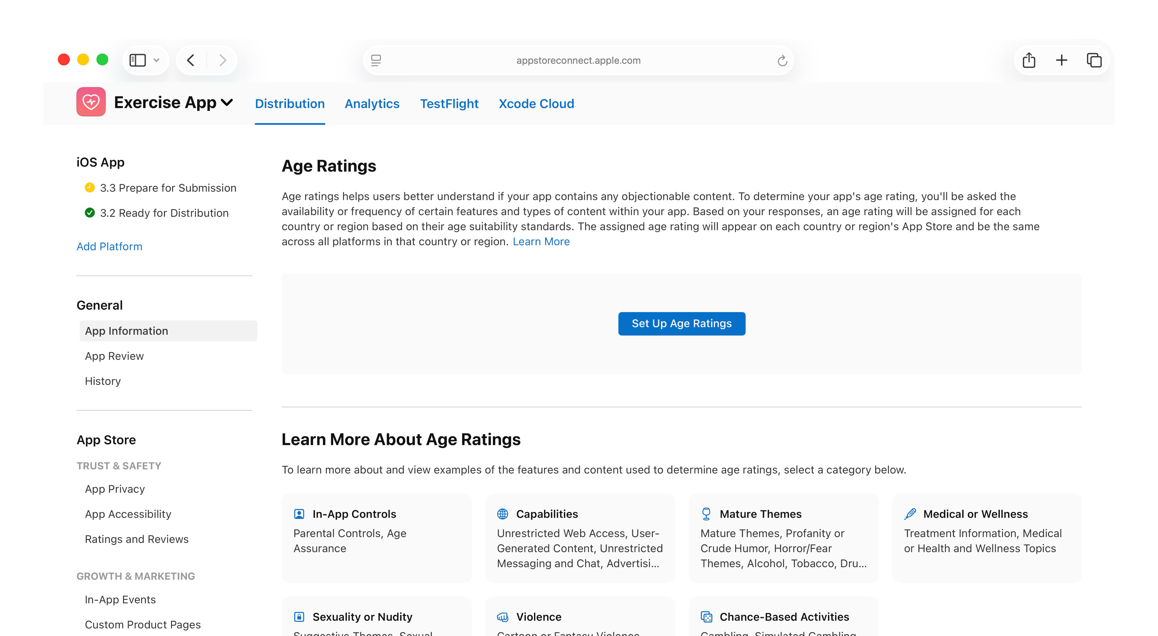 “연령 등급” 섹션의 “연령 등급 설정” 버튼을 보여주는 “앱 정보" 페이지의 스크린샷입니다.