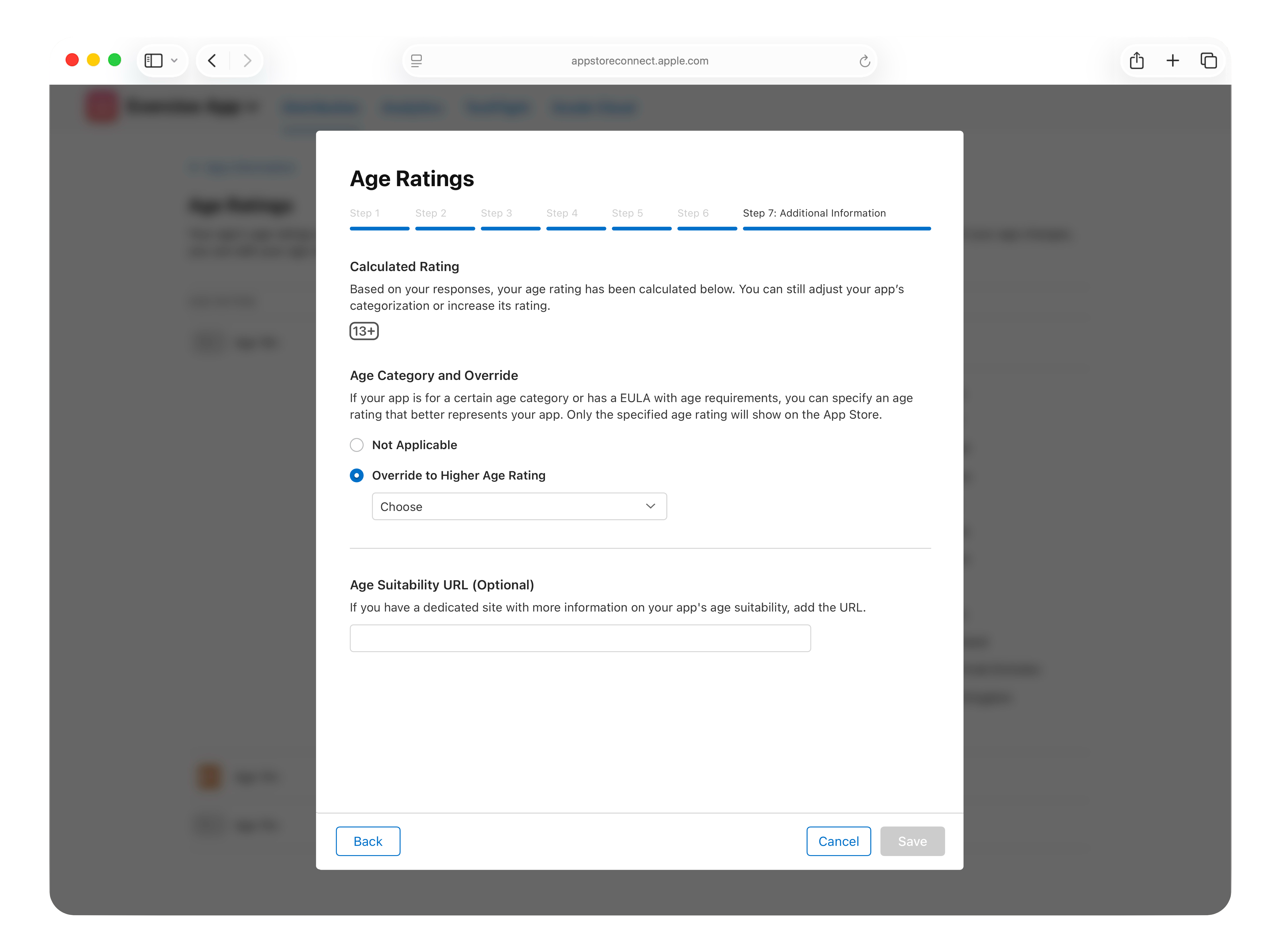 “7단계: 추가 정보(Step 7: Additional Information)”라는 제목의 “연령 등급” 대화 상자를 보여주는 스크린샷입니다. “계산된 등급”은 “13+”로 표시되어 있습으며, “연령 카테고리 및 재정의” 섹션 하단에서는 “해당 없음”과 “더 높은 연령 등급으로 재정의”를 선택할 수 있습니다. 그밖에 “연령 적합성 URL(선택 사항)” 텍스트 필드도 표시되어 있습니다. 대화창 좌측 하단에는 “뒤로” 버튼이, 우측 하단에는 “취소”와 “저장” 버튼이 나타나 있습니다.