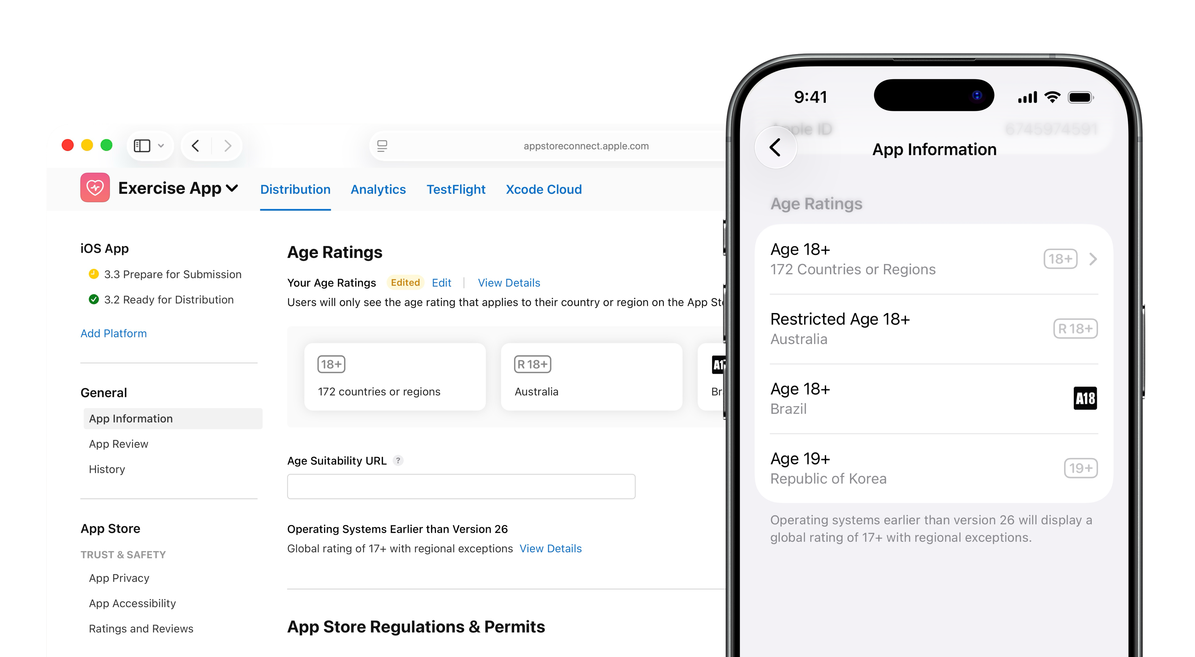 “앱 정보” 페이지에 있는 “연령 등급” 섹션의 “앱 연령 등급” 하단에 계산된 연령 등급이 표시되고 있는 모습을 보여주는 스크린샷입니다. 예를 들어, 172개 국가는 “18+”, 오스트레일리아는 “R 18+”로 지정되어 있습니다. “앱 연령 등급”의 우측에는 클릭할 수 있는 “편집”과 “세부사항 보기”가 나열되어 있습니다. 오른쪽에는 App Store 제품 페이지를 보여주는 스크린샷이 있으며, 해당 스크린샷에는 App Store Connect에 표시된 것과 동일한 연령 등급이 나타나 있습니다.