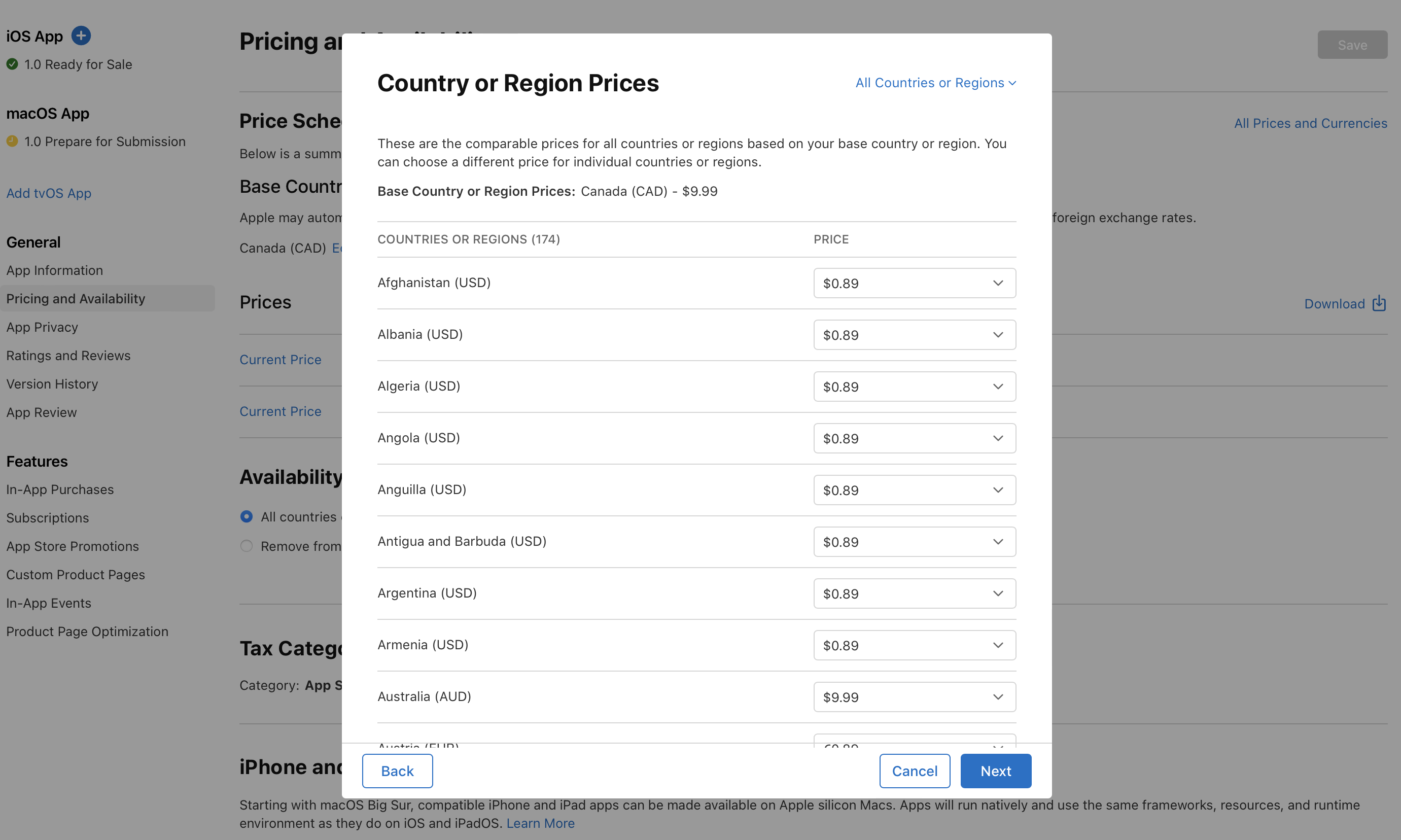 「国または地域における価格」ダイアログのスクリーンショット。基準とする場所以外のすべての国や地域における同等の価格が表示されています。価格はそれぞれ編集可能です。ダイアログ下部の左側に「戻る」ボタン、右側に「キャンセル」と「次へ」のボタンがあります。