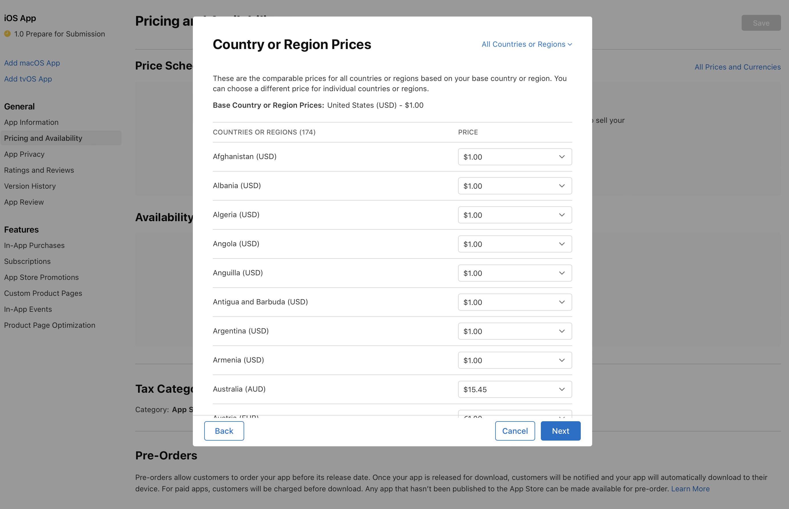「国または地域における価格」ダイアログのスクリーンショット。基準とする場所以外のすべての国や地域における同等の価格が表示されています。価格はそれぞれ編集可能です。ダイアログ下部の左側に「戻る」ボタン、右側に「キャンセル」と「次へ」のボタンがあります。