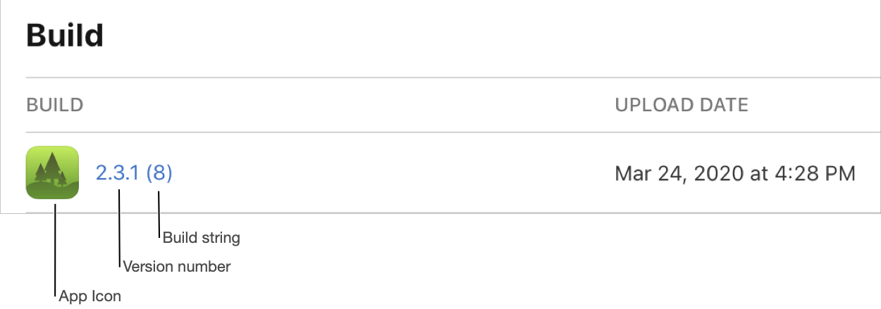 iOS 플랫폼 페이지의 빌드 세부 정보를 보여주는 이미지입니다. “빌드” 섹션의 오른쪽에서 앱 아이콘, 버전 번호, 빌드 문자열 및 업로드 날짜를 확인할 수 있습니다.