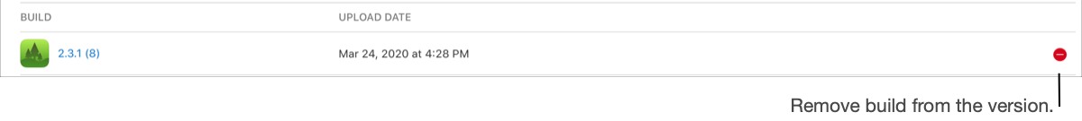 플랫폼 세부 정보 페이지의 “빌드” 섹션에서 화살표가 빌드 오른쪽에 위치한 삭제 버튼을 가리키고 있는 모습을 보여주는 이미지입니다.