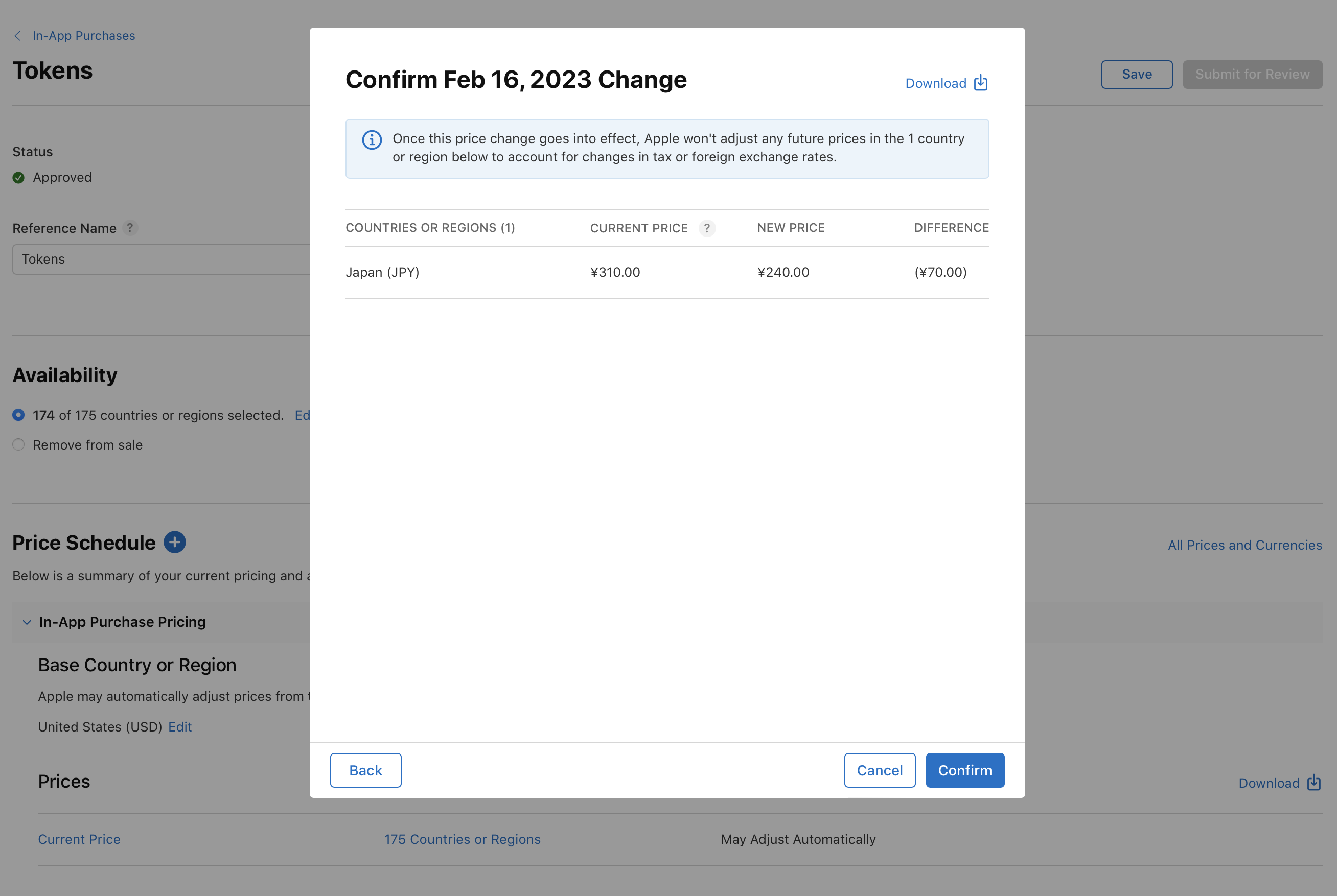 가격 확인 팝업 창을 보여주는 스크린샷입니다. 일본의 현재 가격은 ¥310.00이며, 새 가격은 ¥240.00입니다. 차액은 -¥70.00로 표시되어 있습니다. 이 국가 또는 지역에 대해 향후 세금 또는 환율 변동에 따른 가격 조정은 Apple이 진행하지 않는다는 경고 메시지가 표시되어 있으며, “뒤로”, “취소” 및 “확인” 탐색 버튼이 있습니다.