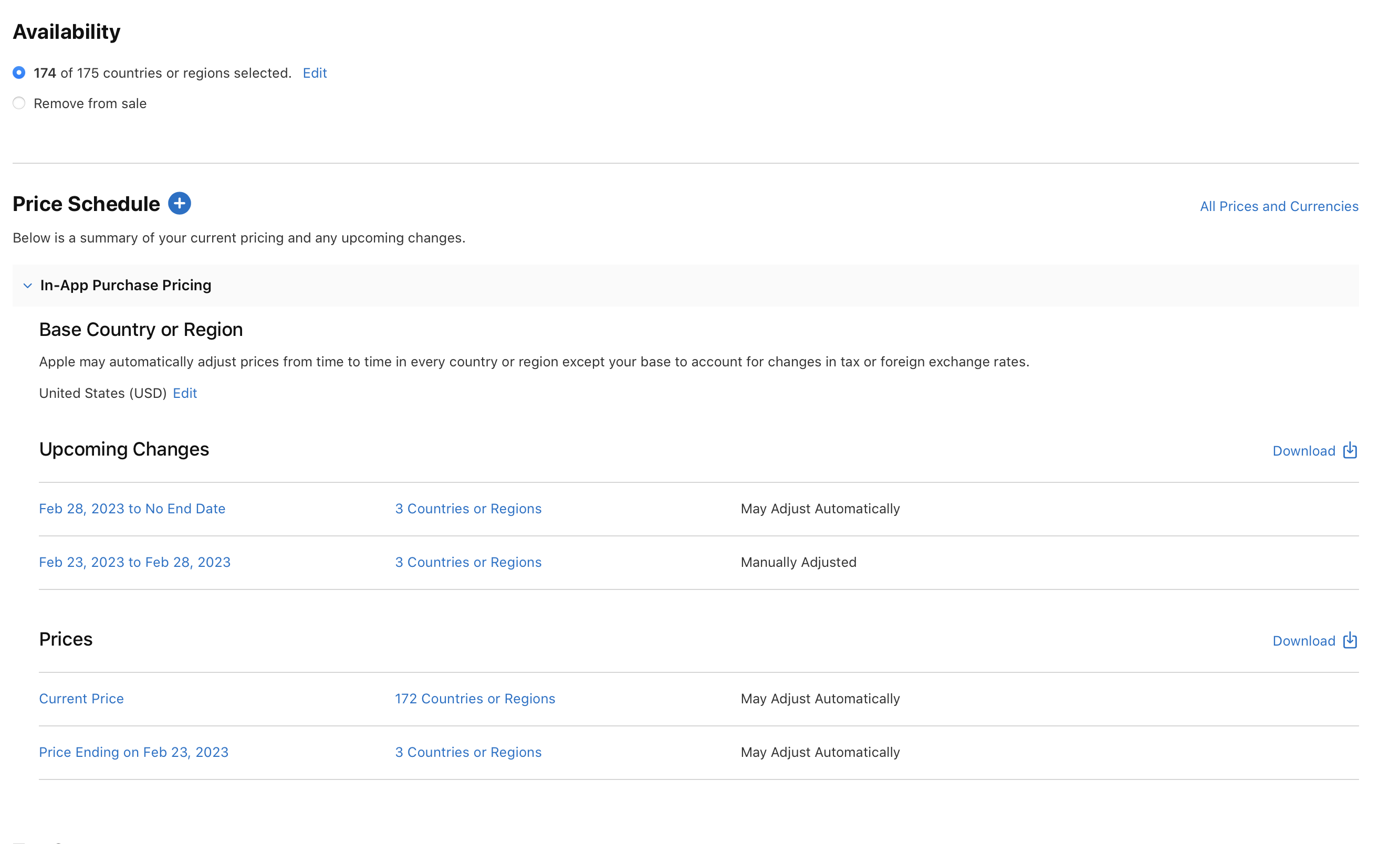 “앱 내 구입”의 가격 정보를 편집하거나 다운로드할 수 있는 옵션이 포함된 양식을 보여주는 스크린샷입니다. 양식의 제목은 “가격 변경 일정”이며, “예정된 변경 사항”과 “현재 가격” 섹션으로 구성되어 있습니다.