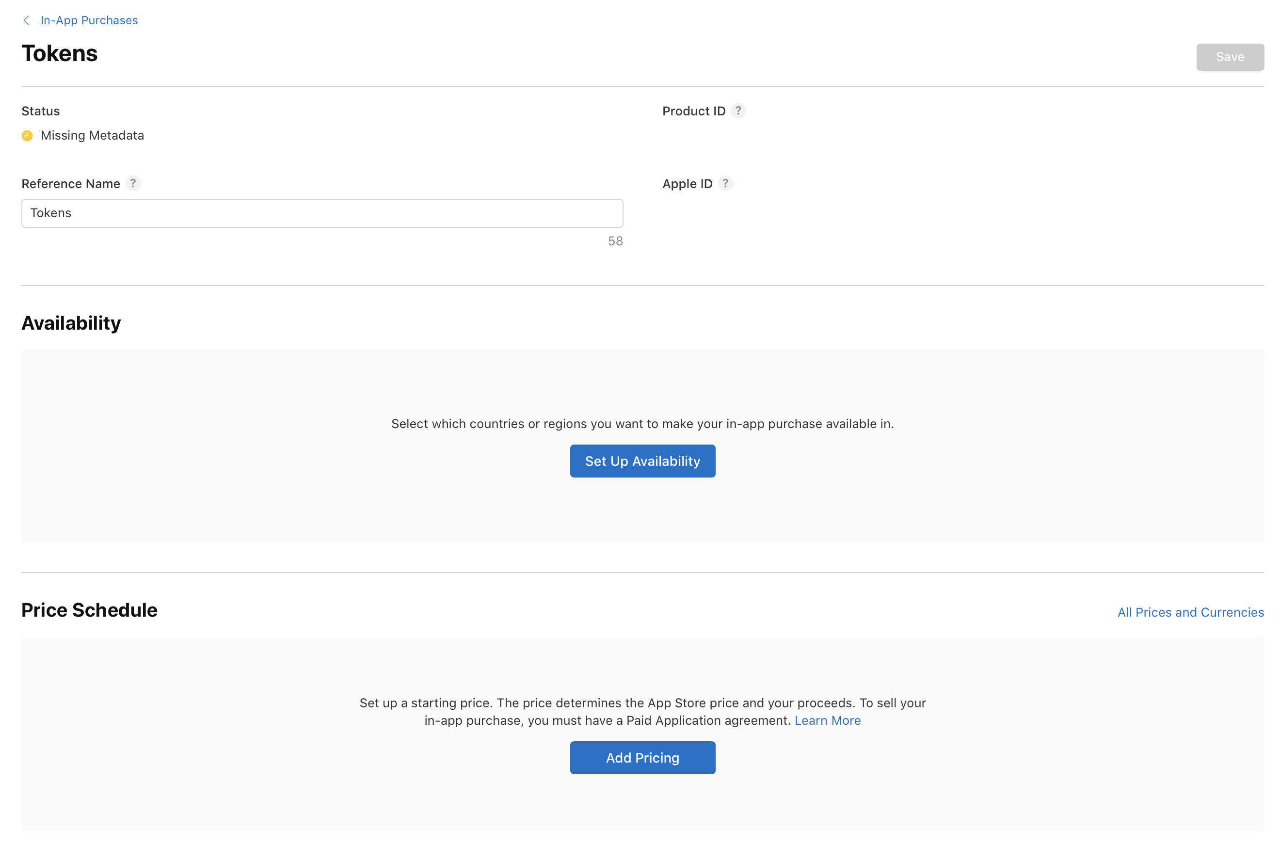 截屏为 App 内购买项目的设置页面。显示了产品 ID、Apple ID 字段,一个下拉菜单用于选择上架地区,以及“设置供应情况”和“添加定价”按钮。