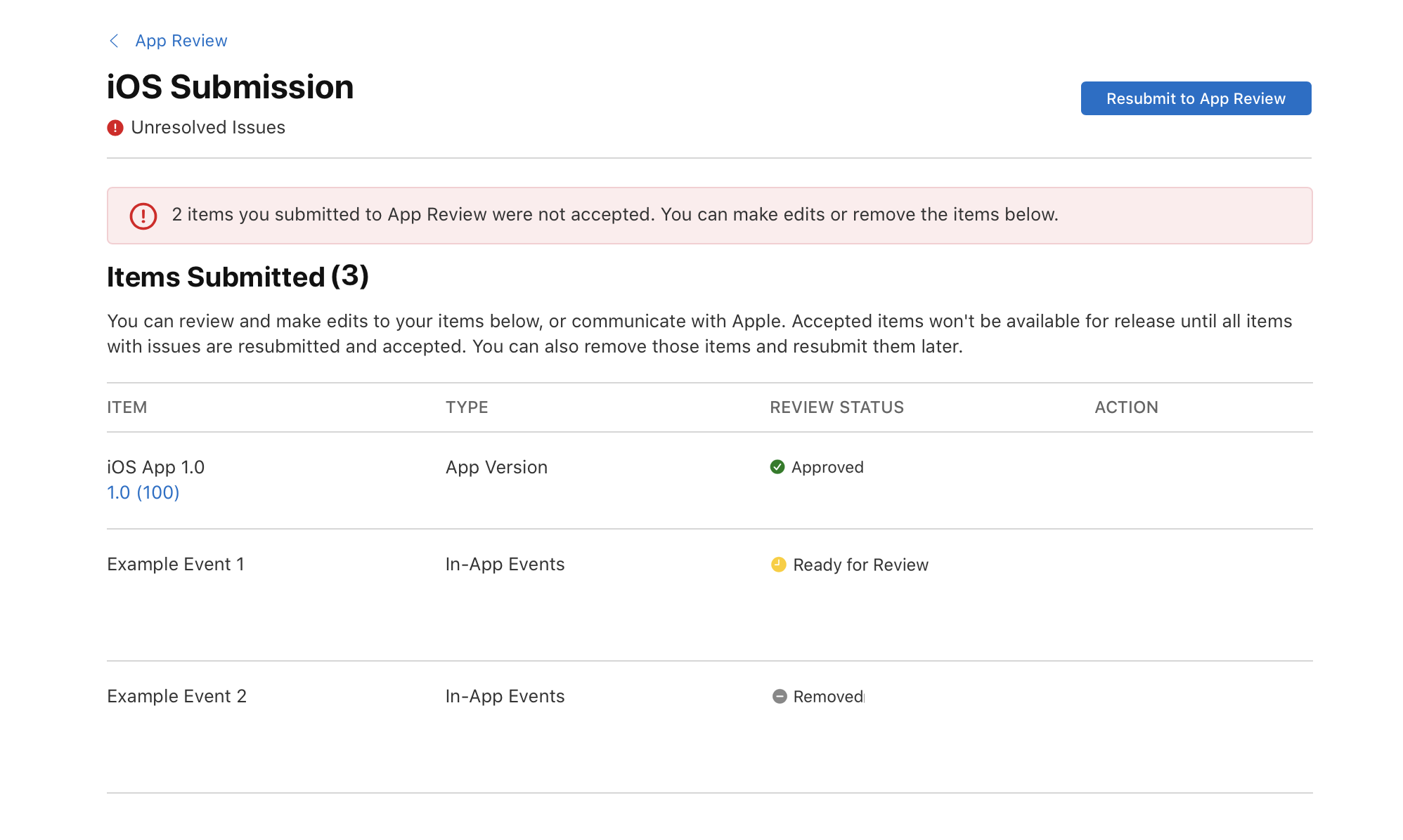截屏中“已提交项目（3）”部分列出了三个项目。第一个项目状态为“已接受”，第二个项目状态为“可供审核”，第三个项目状态为“被拒绝”。页面右上方是“重新提交至 App 审核”按钮。