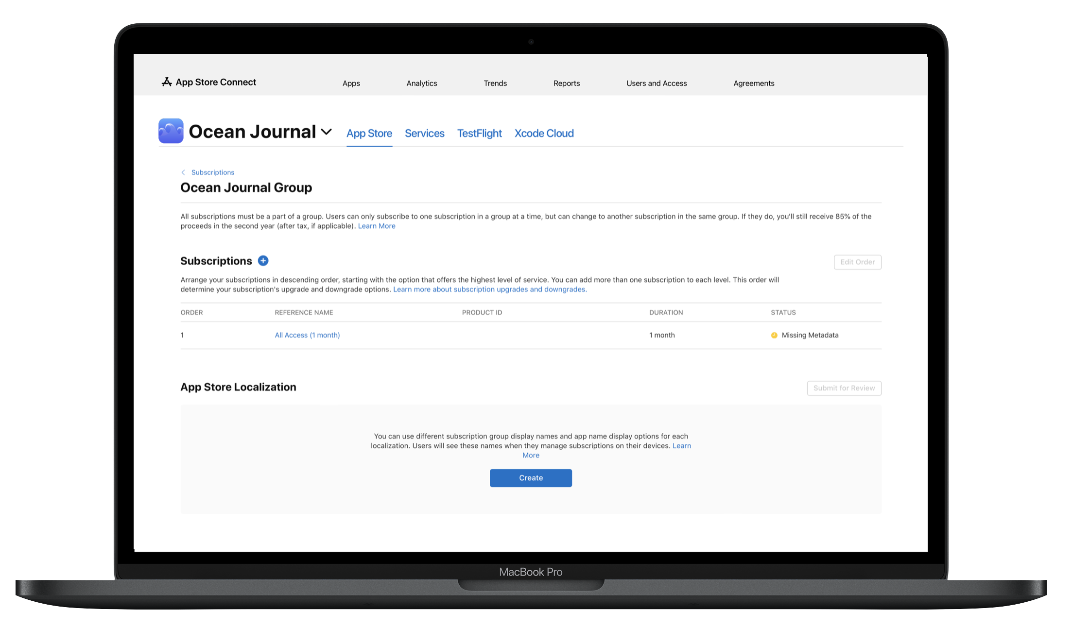 “Ocean Journal” 앱의 구독 페이지가 있는 MacBook Pro의 스크린샷입니다. 해당 페이지 최상단에는 App Store Connect 탐색 메뉴가, 아래에는 하나의 사용 가능한 구독 옵션이 나열된 “구독” 페이지가 표시됩니다.