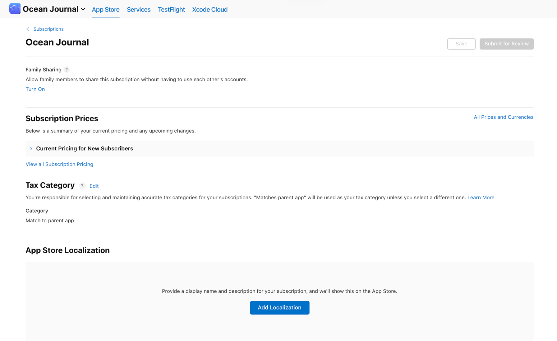 “가족 공유” 섹션 하단에 기능을 켤 수 있는 링크가 표시되어 있는 “구독 세부사항” 페이지를 보여주는 스크린샷입니다.