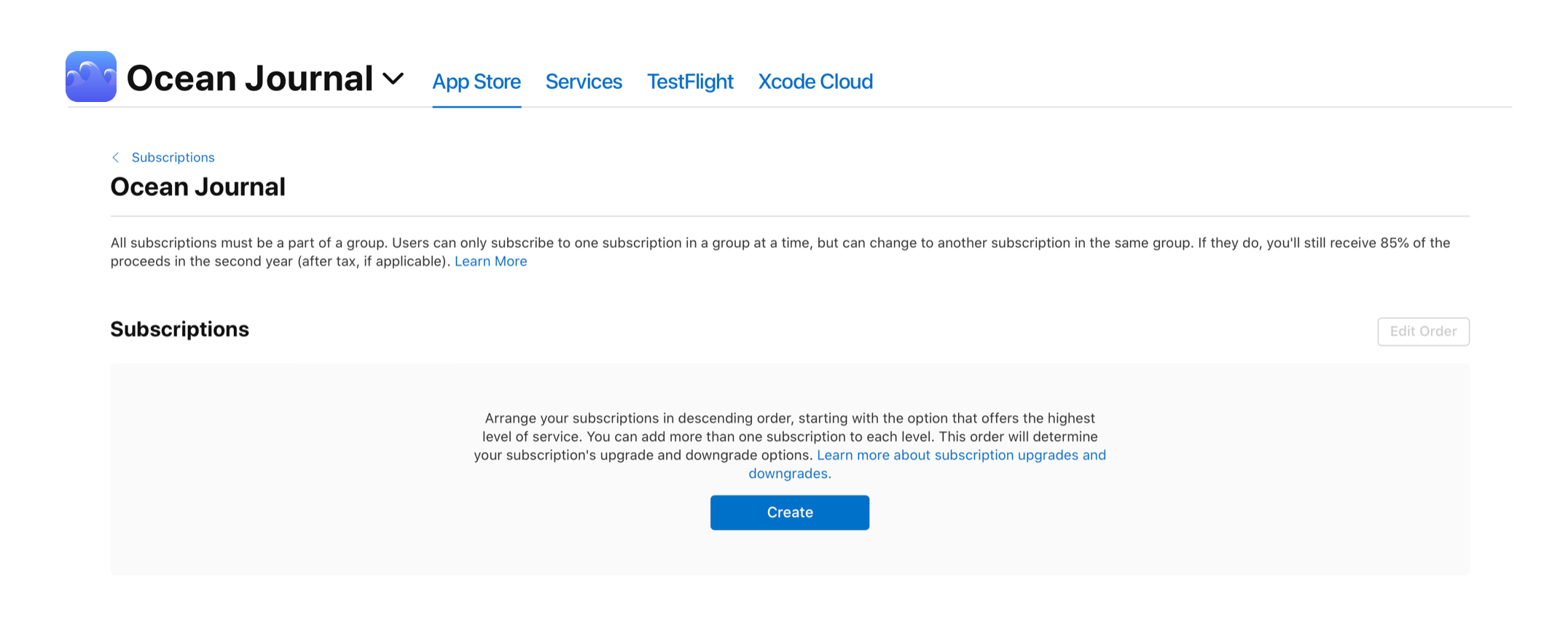 “생성” 버튼이 “구독” 섹션에 나와 있는 구독 페이지의 모습을 보여주는 스크린샷입니다.