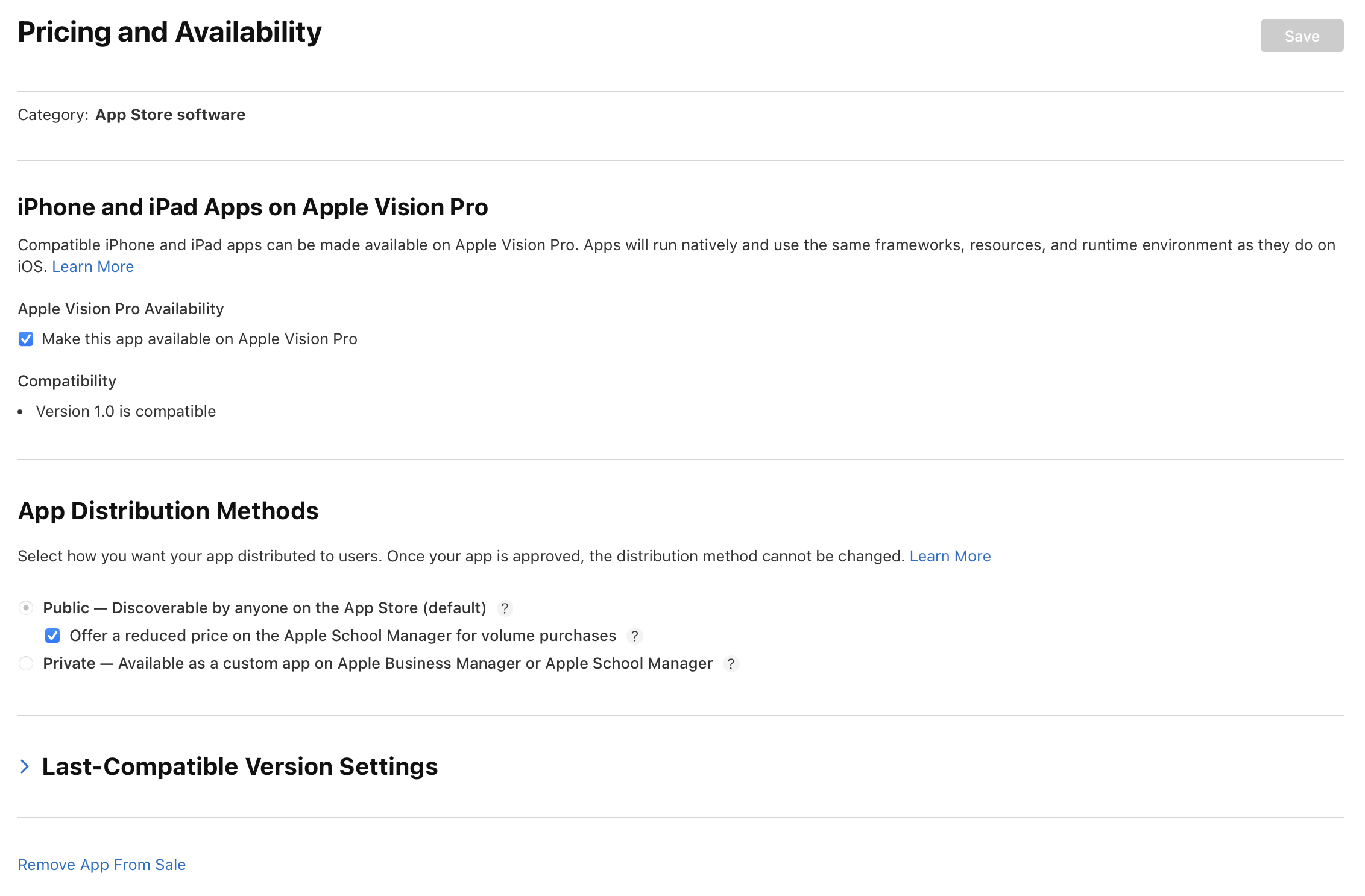 「価格および配信状況」ページのスクリーンショット。ページの左下に、クリック可能な「アプリを配信から削除」リンクが表示されています。