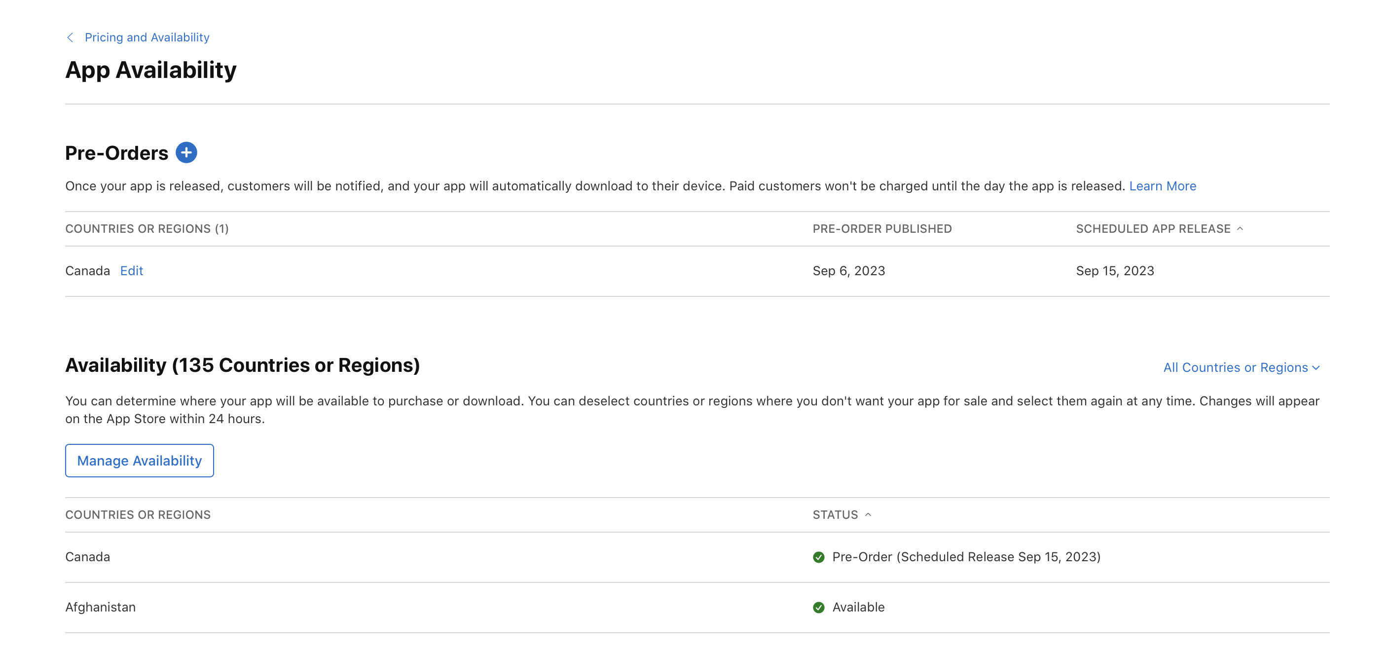 截屏为“App 供应情况”页面,其中“预购”部分列出了加拿大,旁边有一个“编辑”按钮。