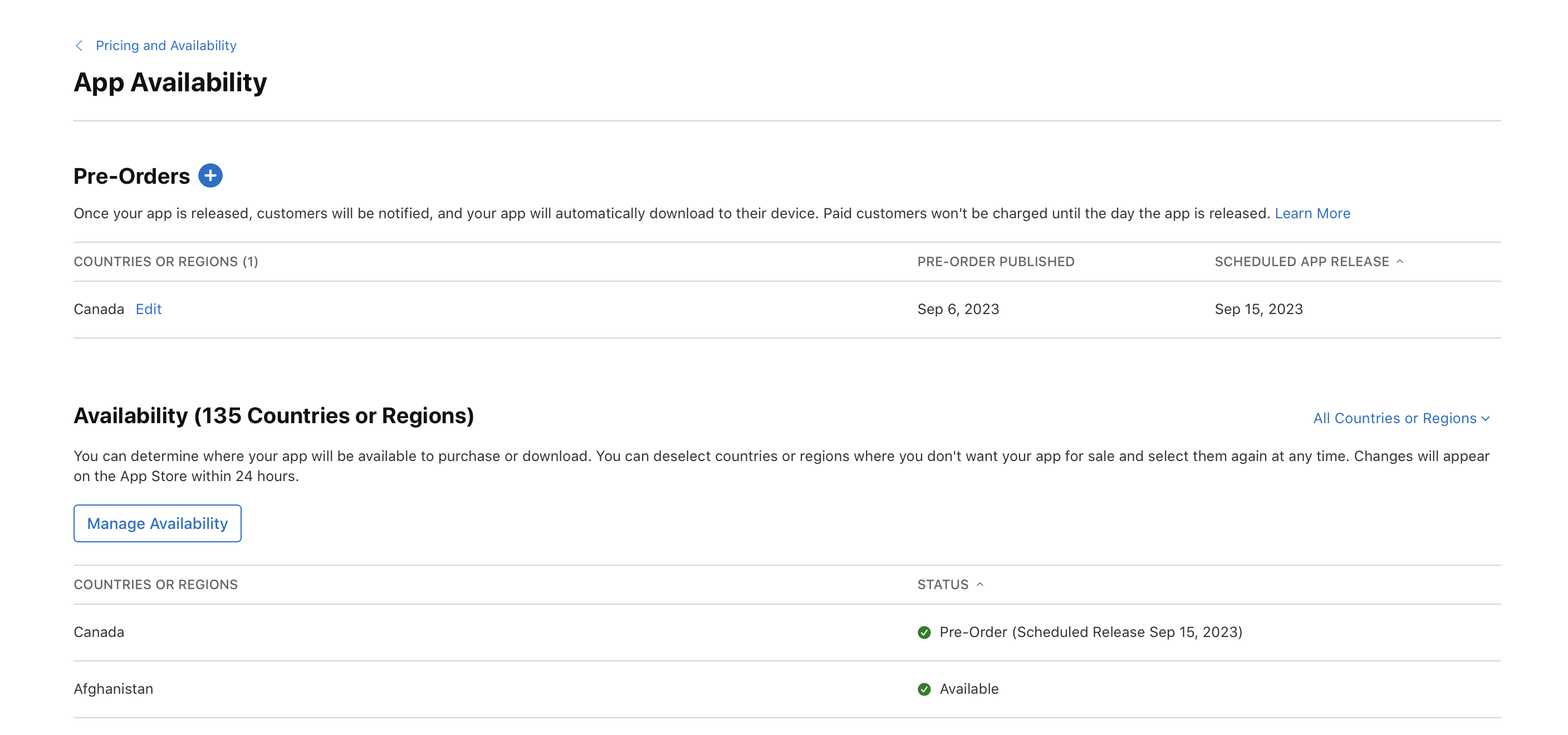 截屏为“App 供应情况”页面,其中“预购”部分列出了加拿大,旁边有一个“编辑”按钮。