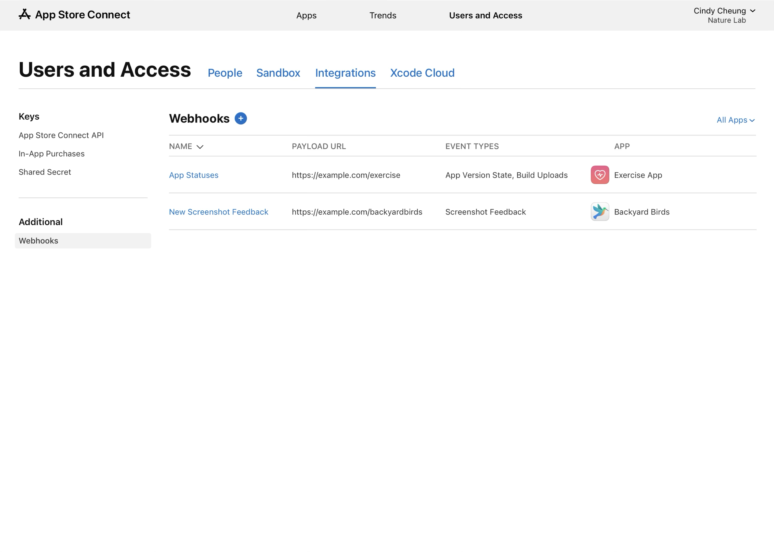 截屏显示了“用户和访问”板块，其中包含一个表格，表格各列分别是名称、有效载荷 URL、事件类型和关联的 App。表中列出了两个 Webhook，名为“App Statuses”的 Webhook 与名为“Exercise App”的 App 相关联，名为“New Screenshot Feedback”的 Webhook 与名为“Backyard Birds”的 App 相关联。页面还显示了一个加号按钮，以便添加新的 Webhook。
