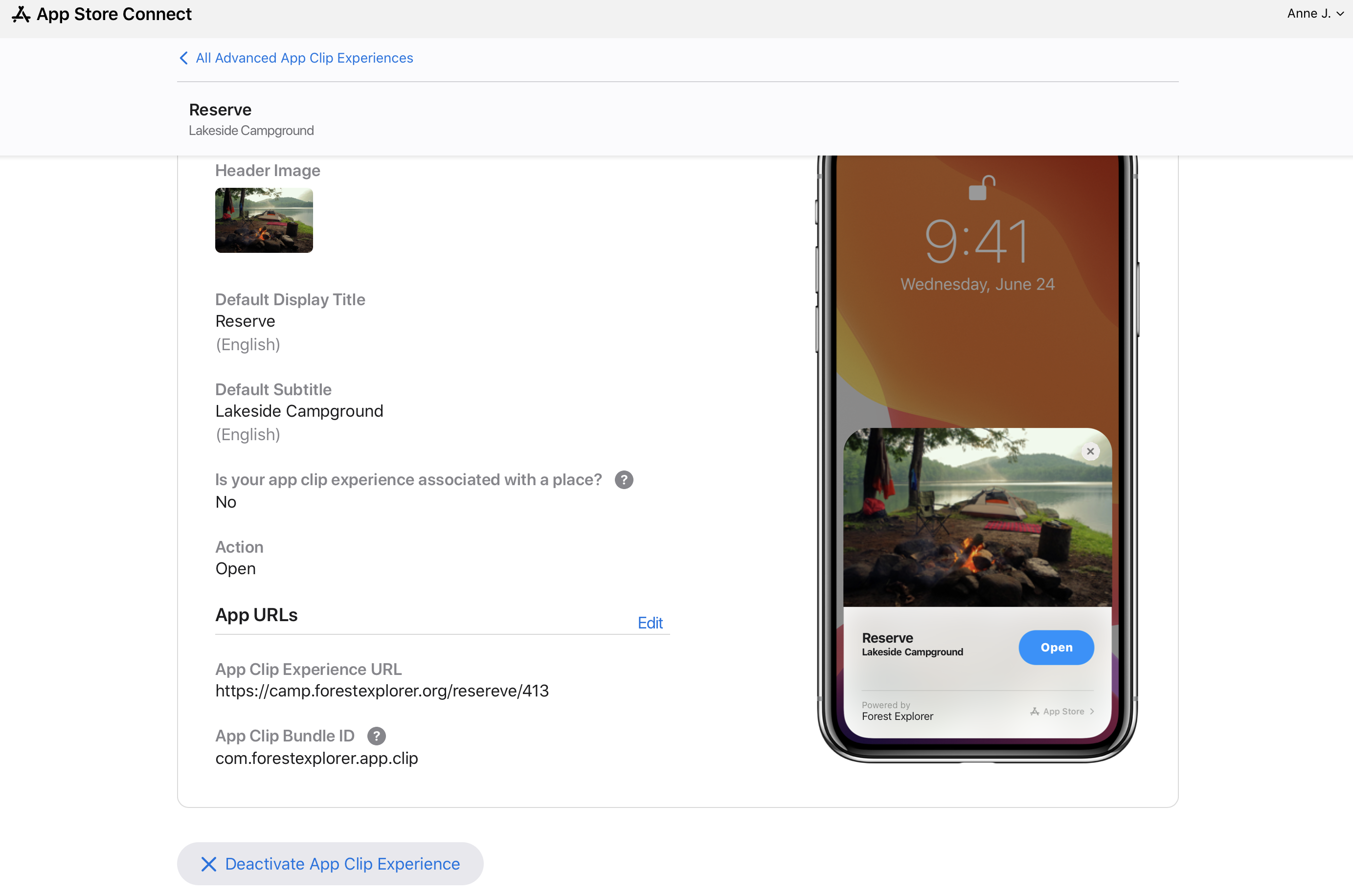 하단에 “앱 클립 경험 비활성화” 버튼이 표시되어 있는 “앱 클립” 경험 세부 정보 페이지의 스크린샷입니다.